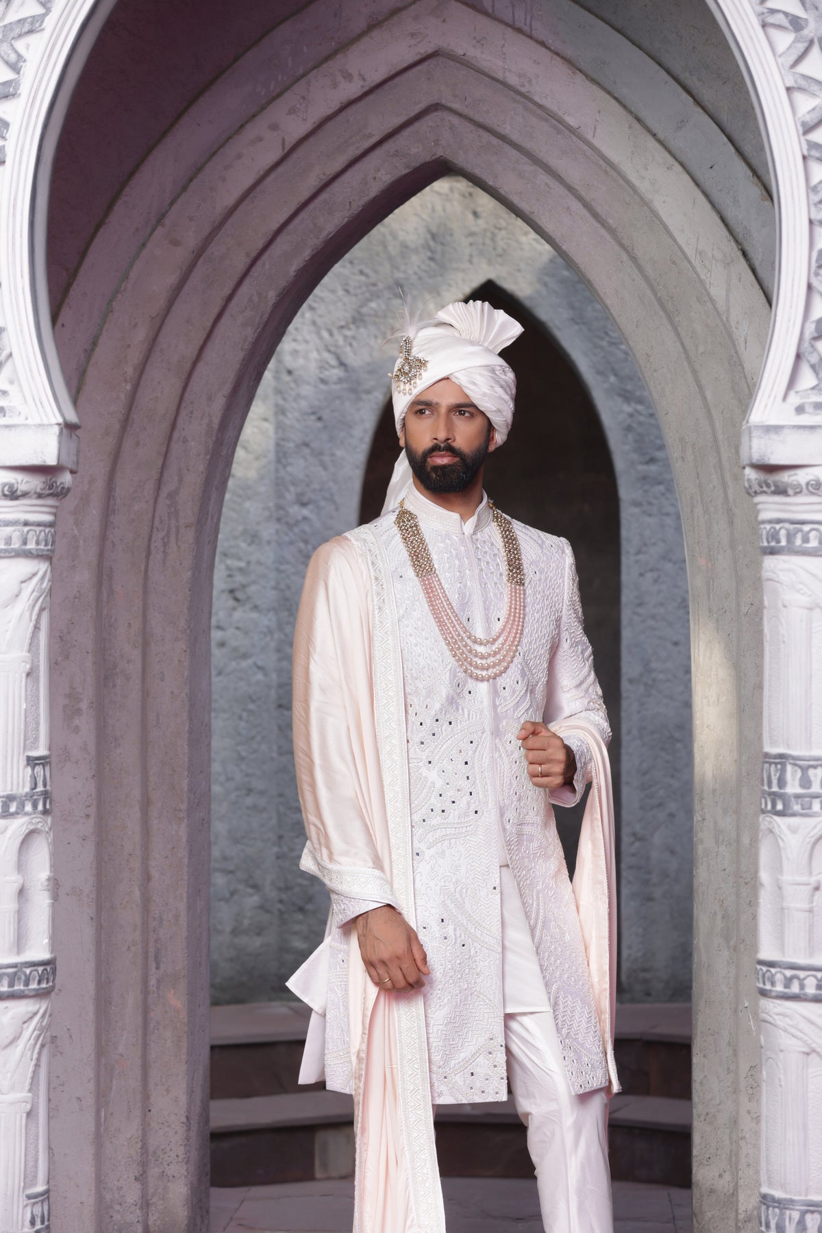 Rubaiyat collection — ivory hand embroidered sherwani with Cutdaana pearls | Bhavya Bhasin Couture