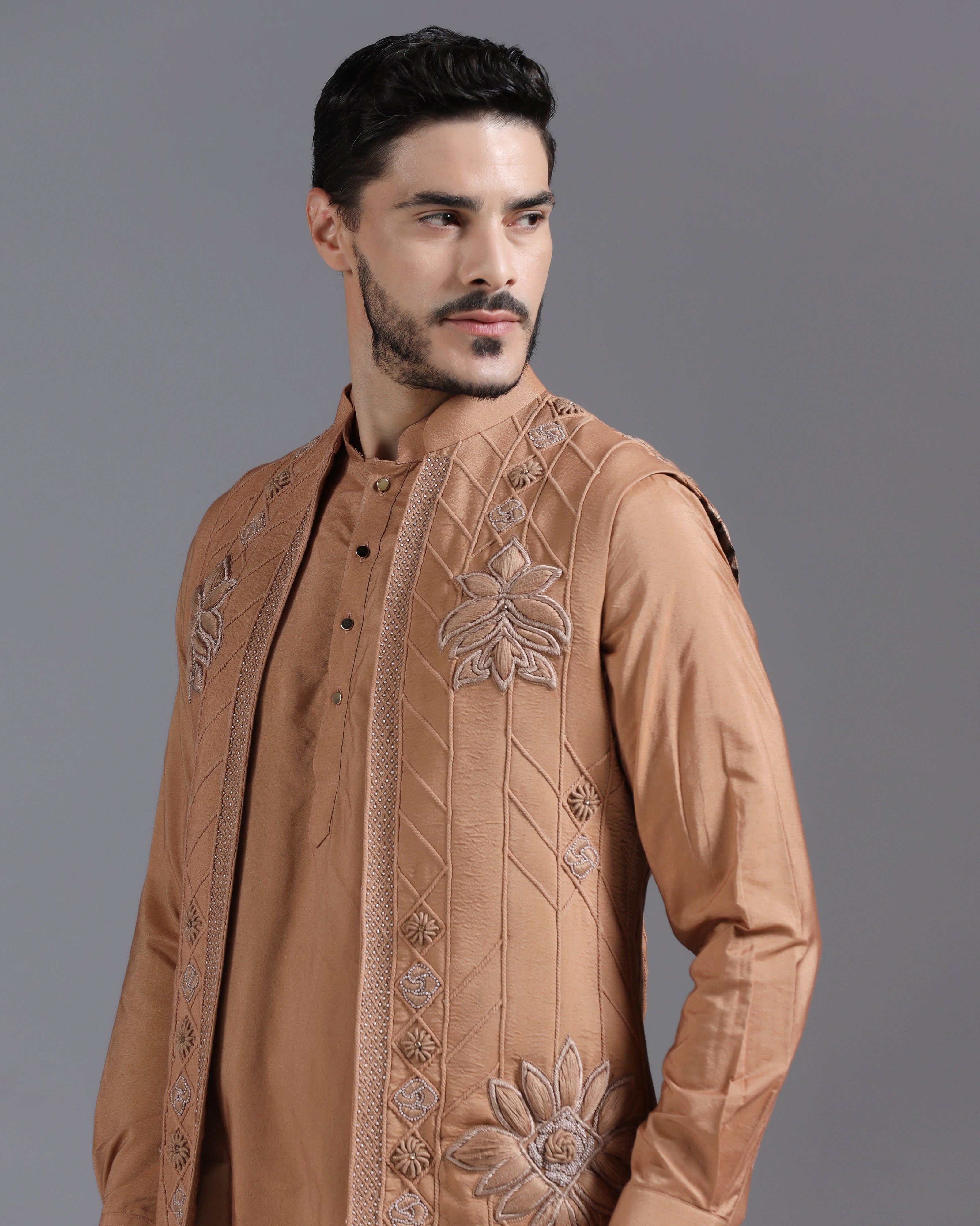 Caramel Brown Embroidered Kurta Nehru Jacket Set