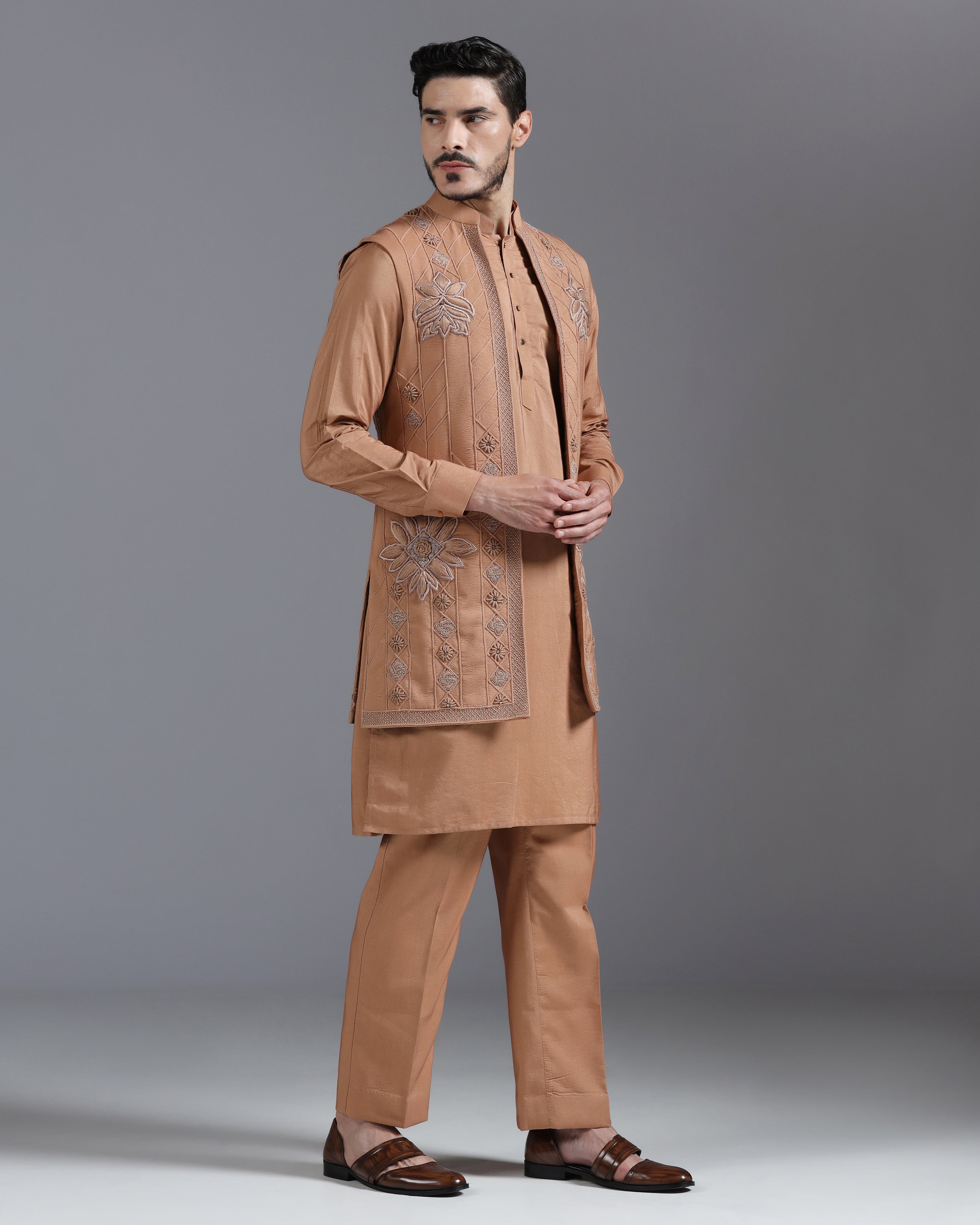 Caramel Brown Embroidered Kurta Nehru Jacket Set