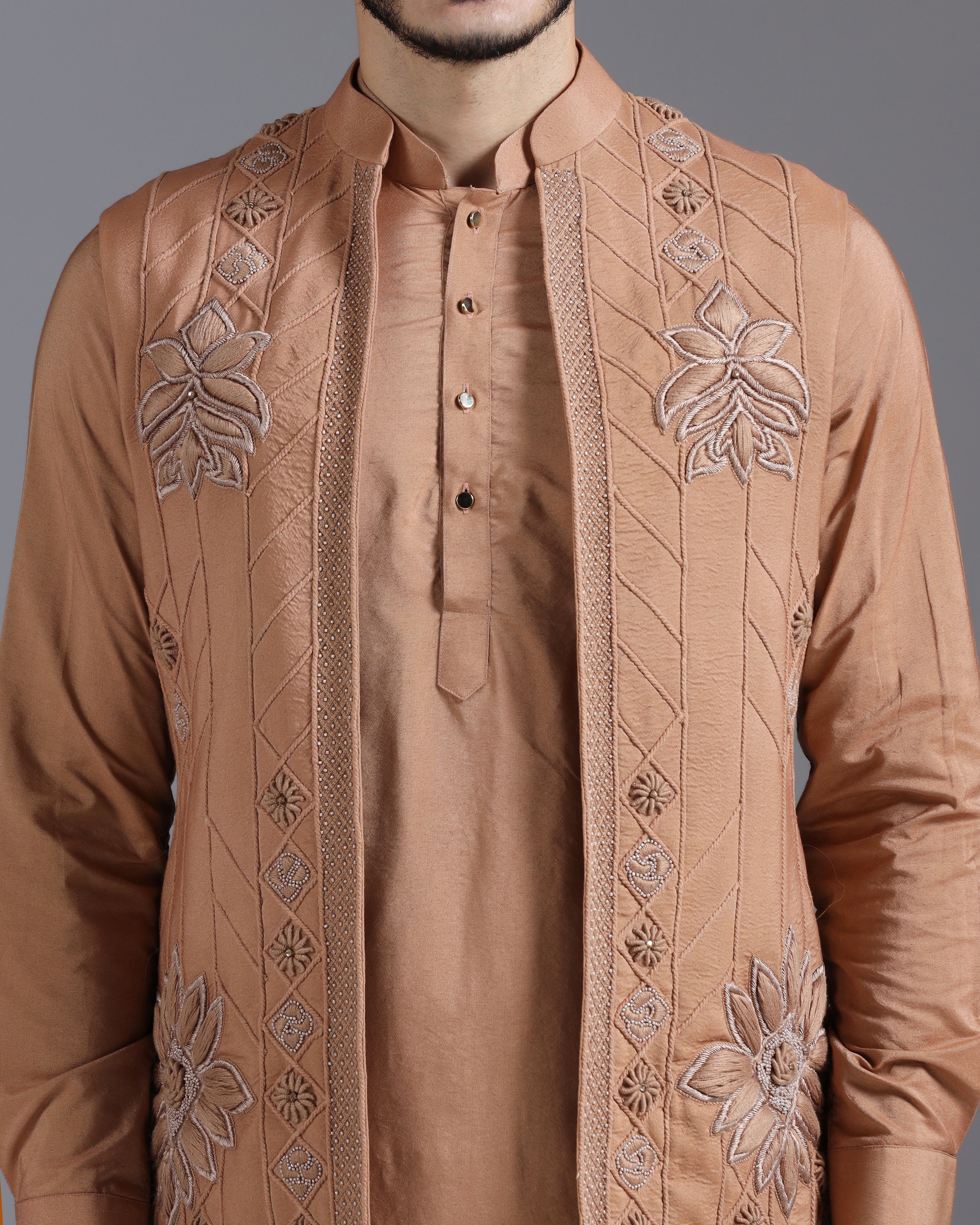 Caramel Brown Embroidered Kurta Nehru Jacket Set