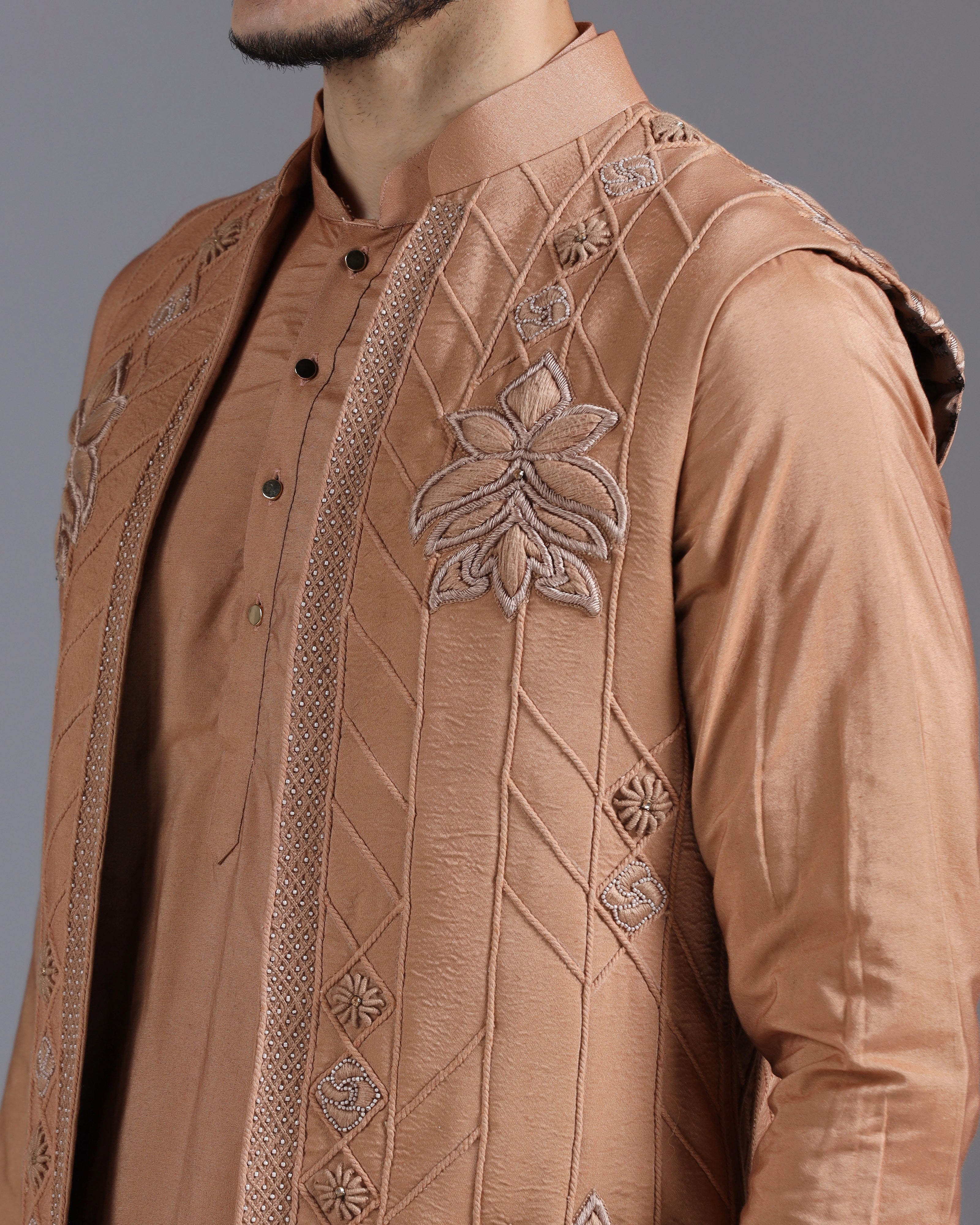 Caramel Brown Embroidered Kurta Nehru Jacket Set