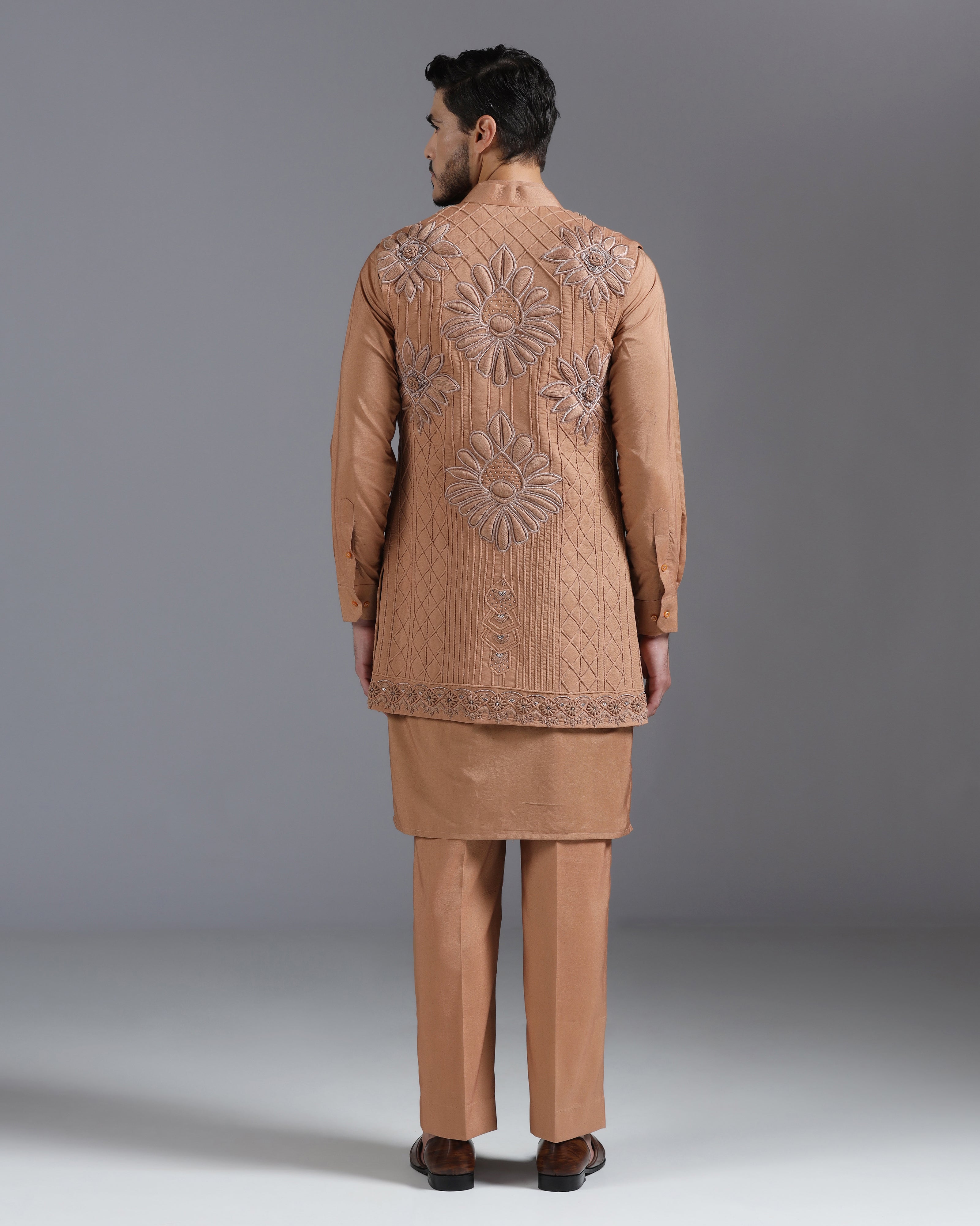 Caramel Brown Embroidered Kurta Nehru Jacket Set