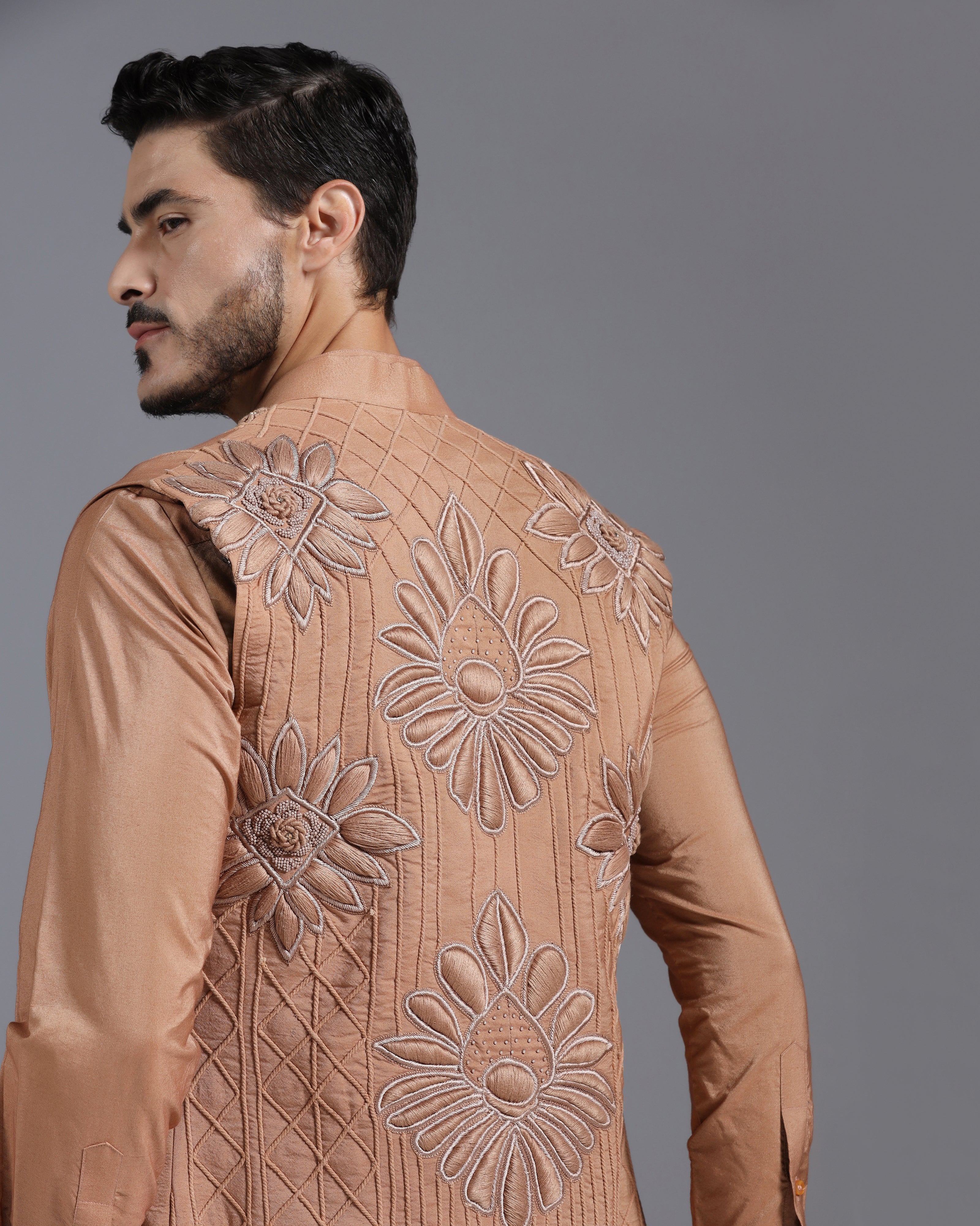 Caramel Brown Embroidered Kurta Nehru Jacket Set
