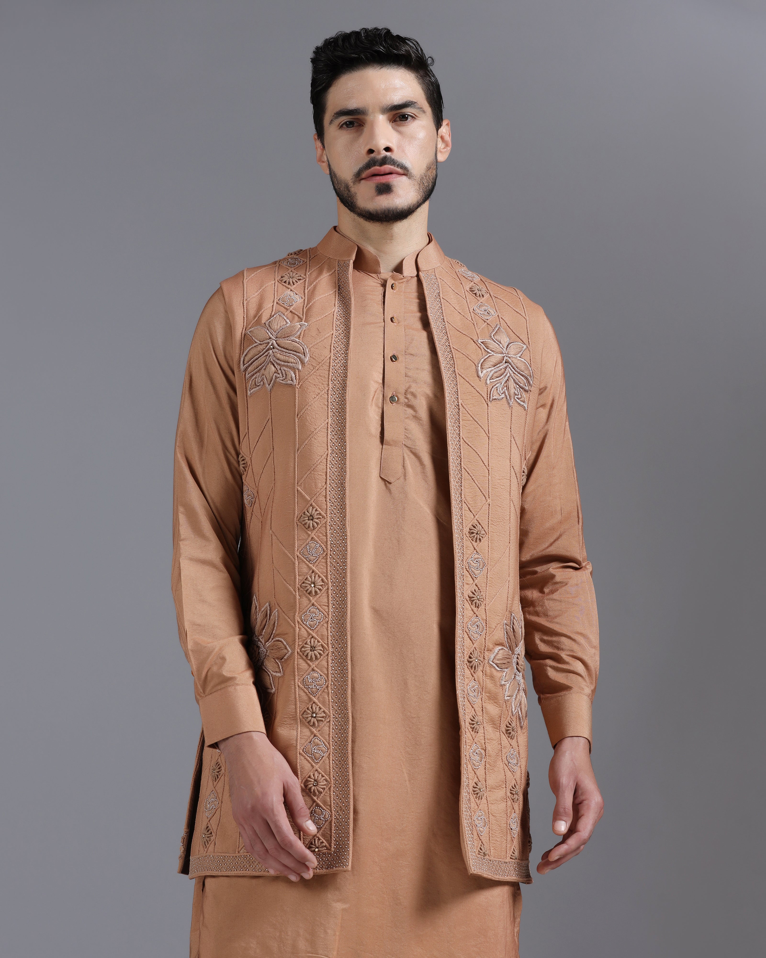 Caramel Brown Embroidered Kurta Nehru Jacket Set
