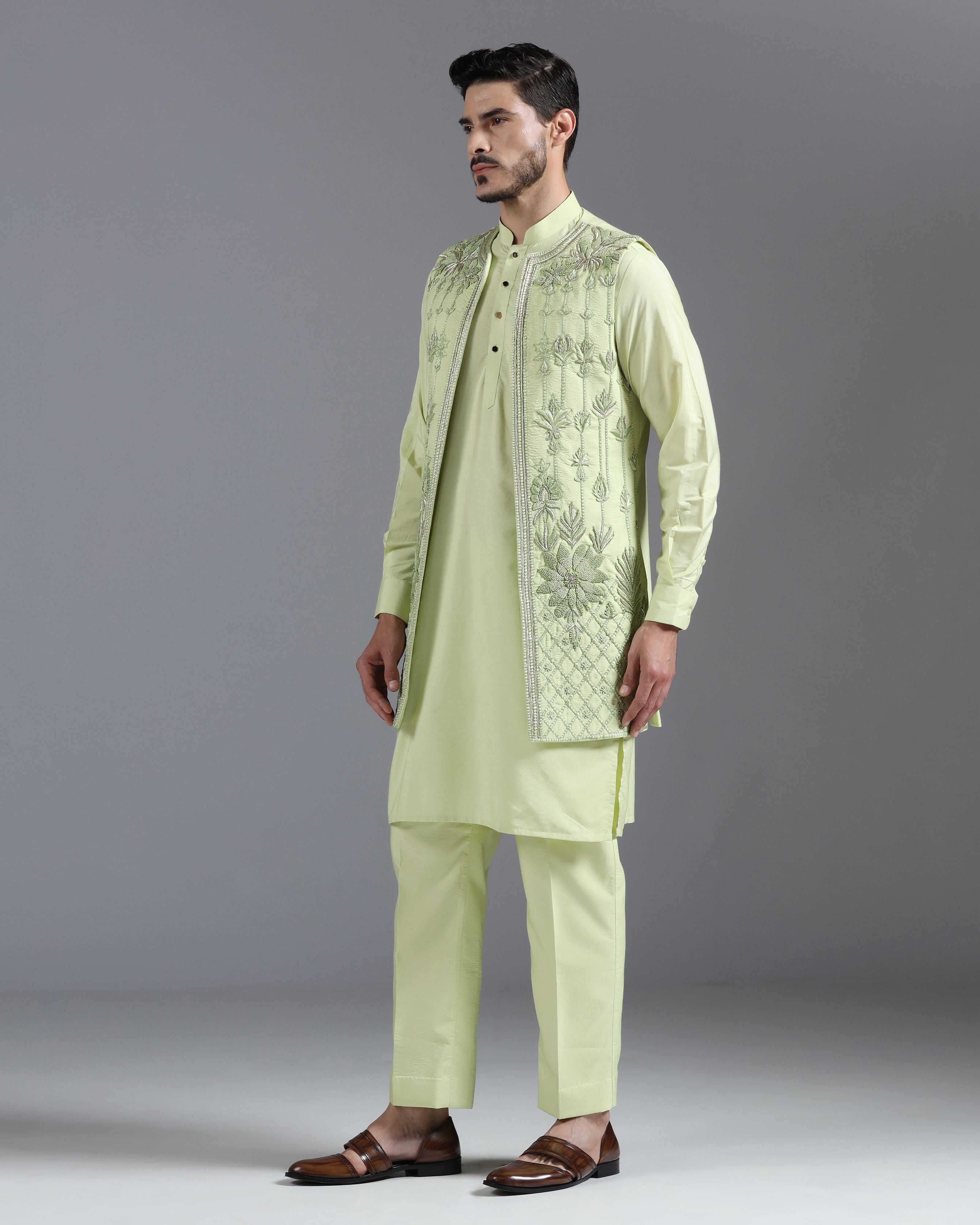 Pastel Green Hand-Embroidered Kurta Nehru Jacket Set