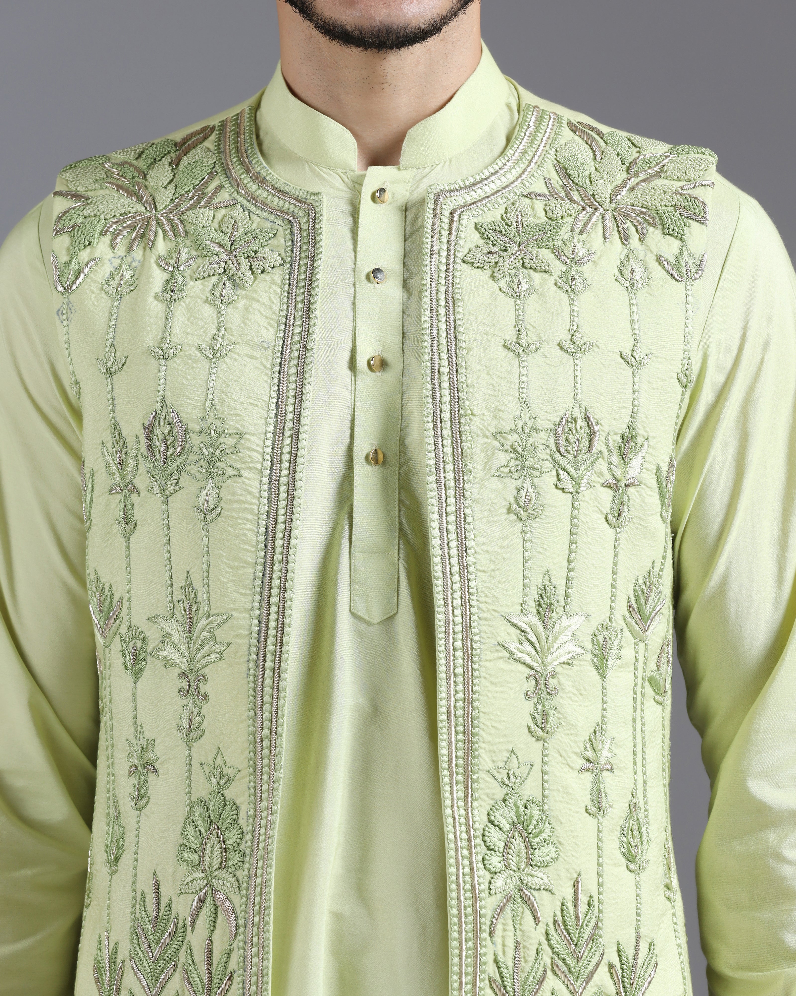 Pastel Green Hand-Embroidered Kurta Nehru Jacket Set