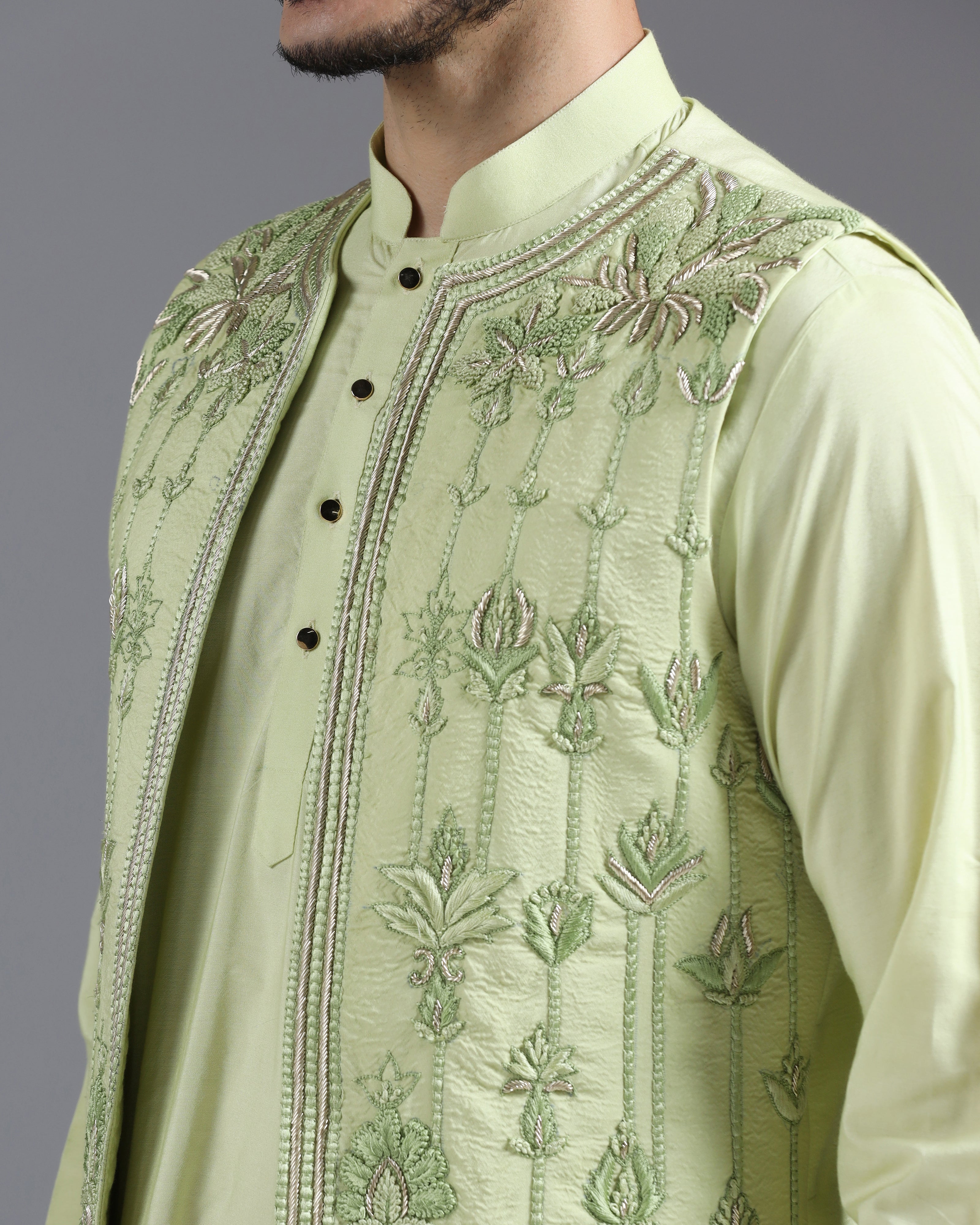 Pastel Green Hand-Embroidered Kurta Nehru Jacket Set