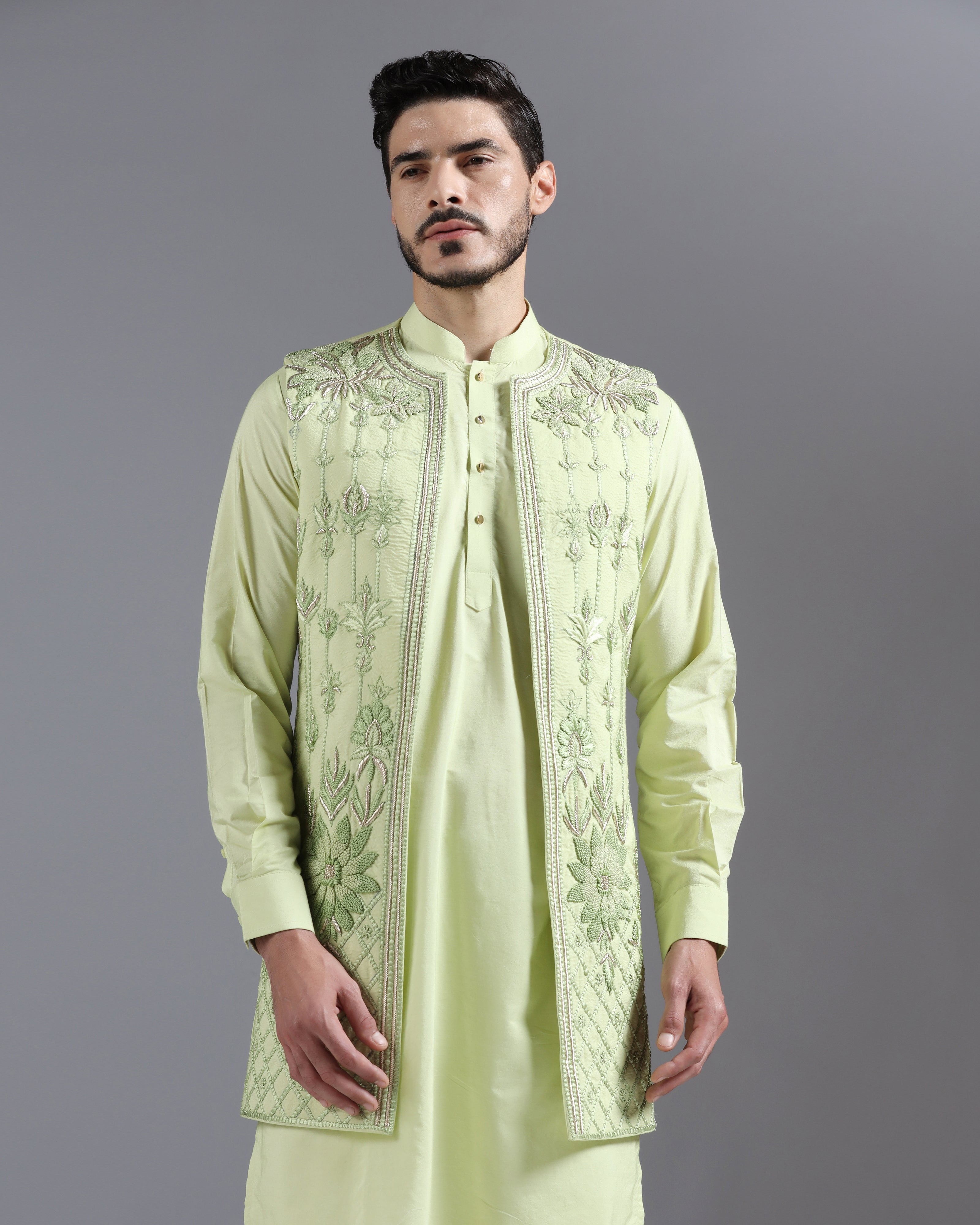 Pastel Green Hand-Embroidered Kurta Nehru Jacket Set