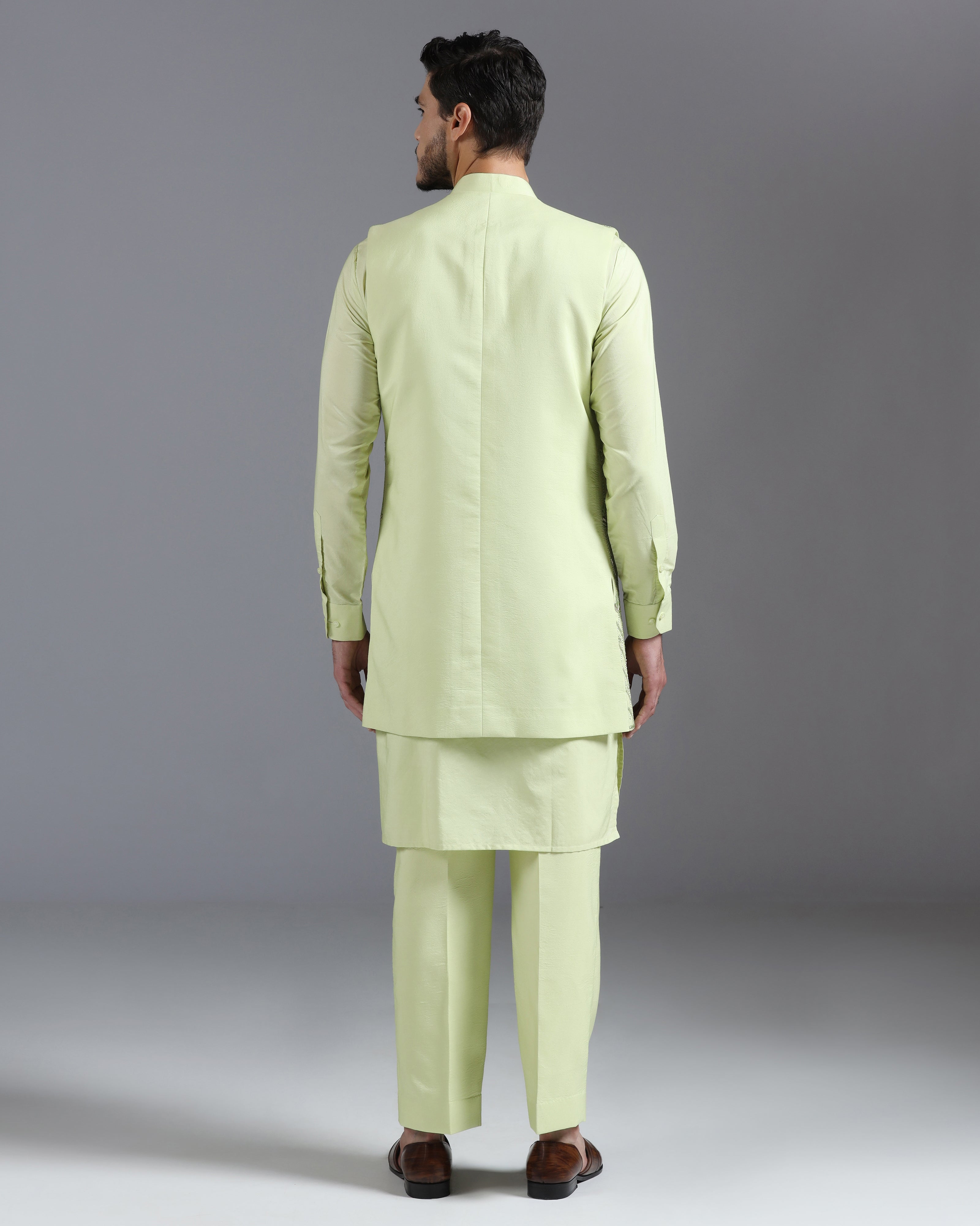 Pastel Green Hand-Embroidered Kurta Nehru Jacket Set