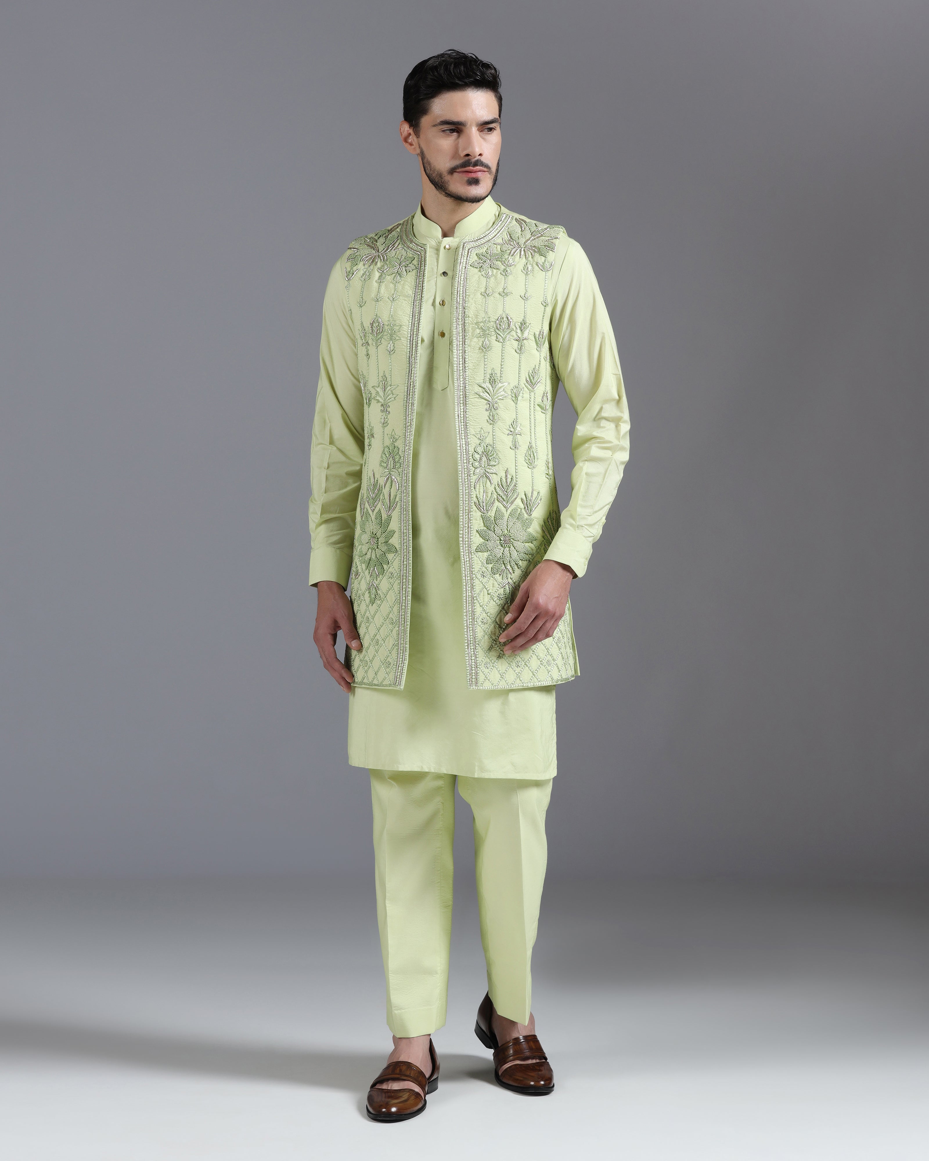 Pastel Green Hand-Embroidered Kurta Nehru Jacket Set