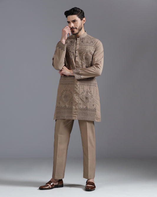 Mocha Brown Hand-Embroidered Kurta Set
