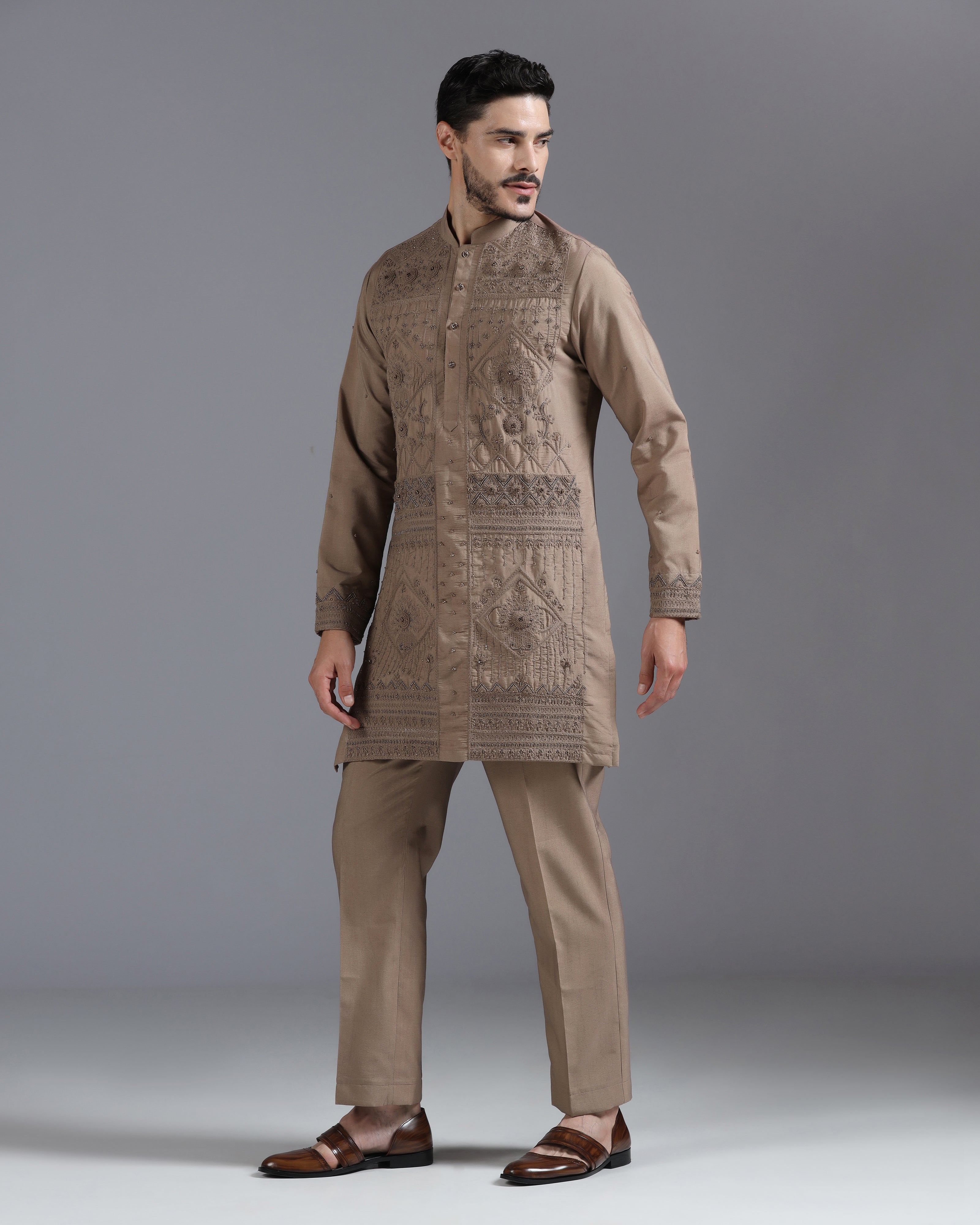 Mocha Brown Hand-Embroidered Kurta Set