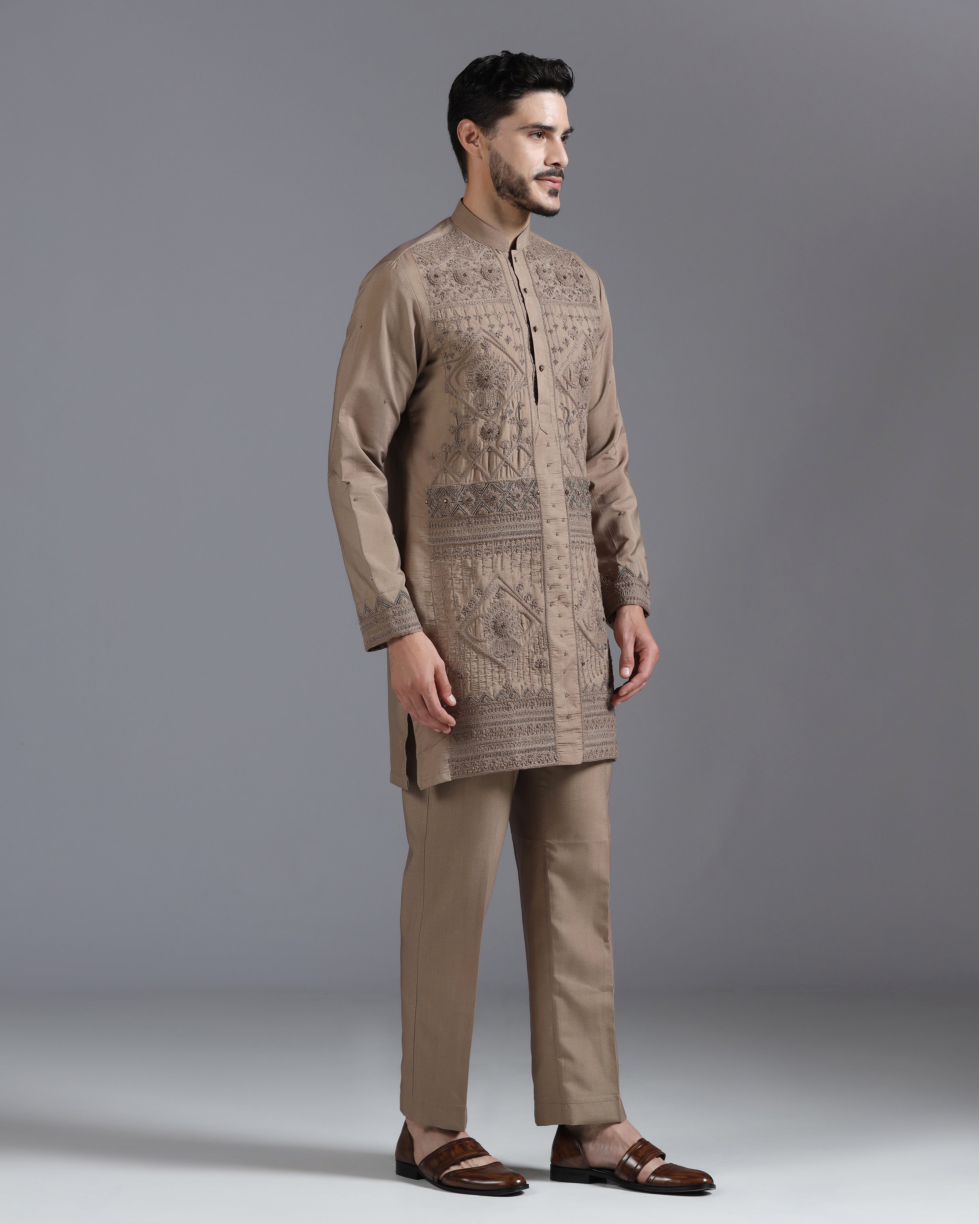 Mocha Brown Hand-Embroidered Kurta Set