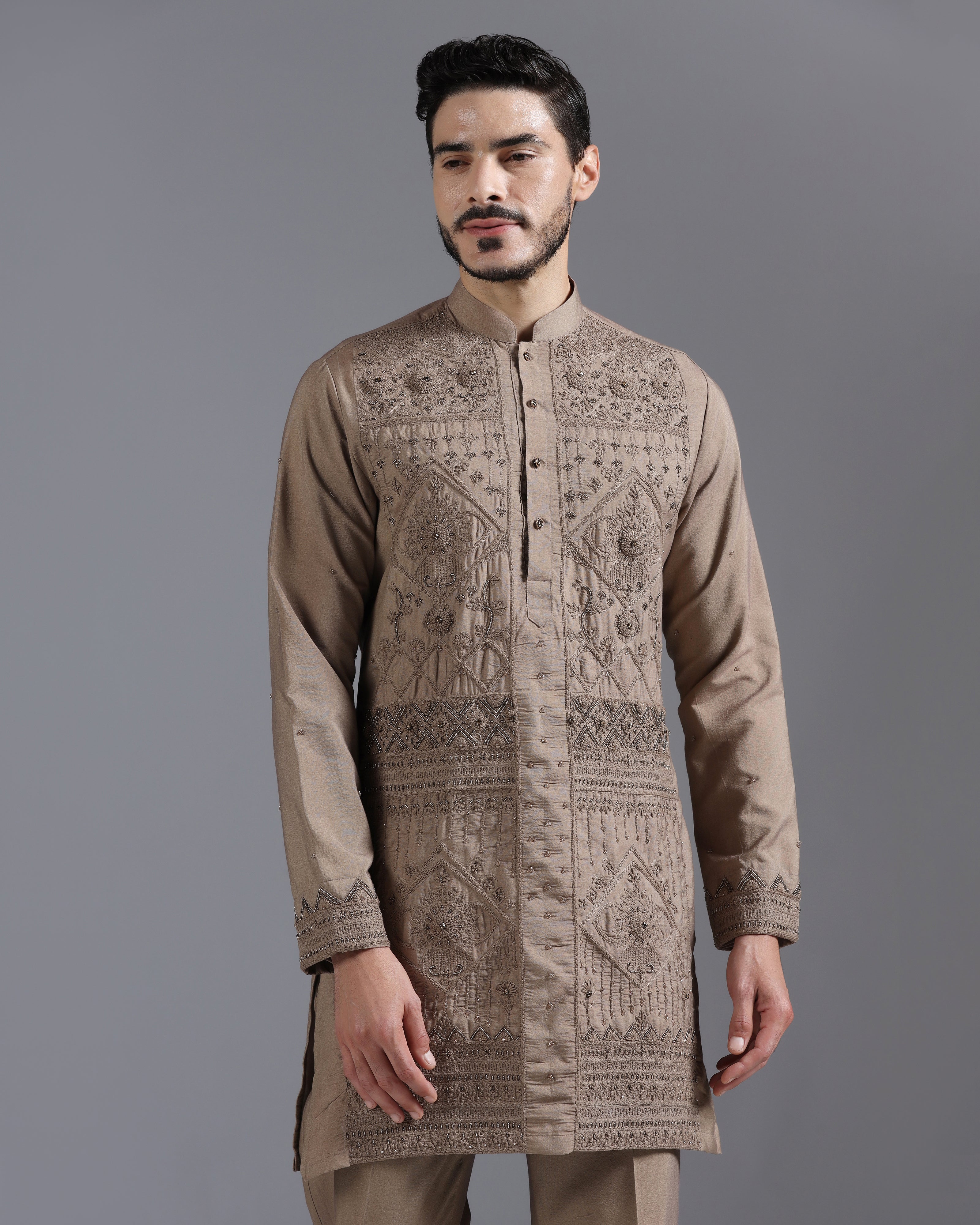 Mocha Brown Hand-Embroidered Kurta Set