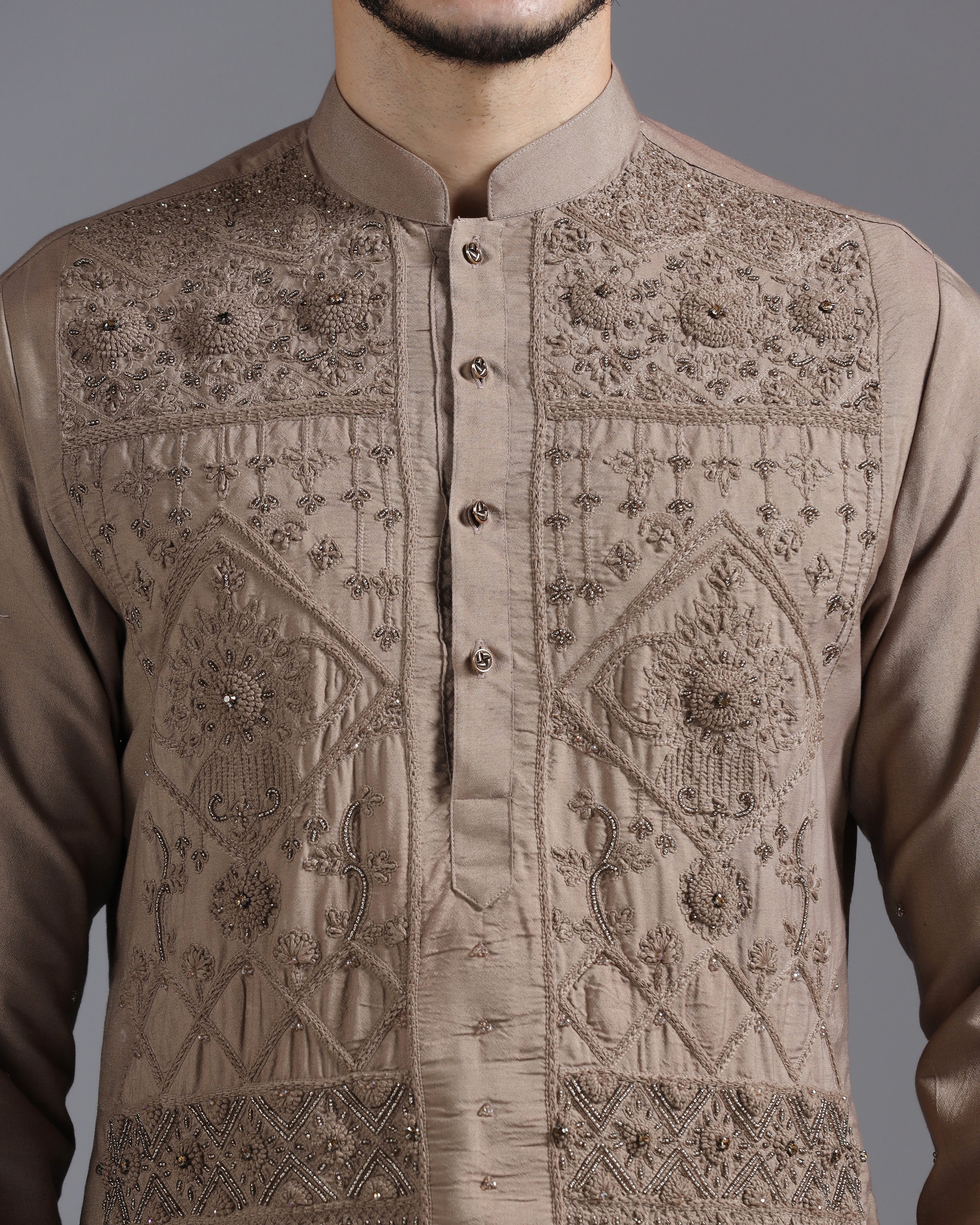 Mocha Brown Hand-Embroidered Kurta Set