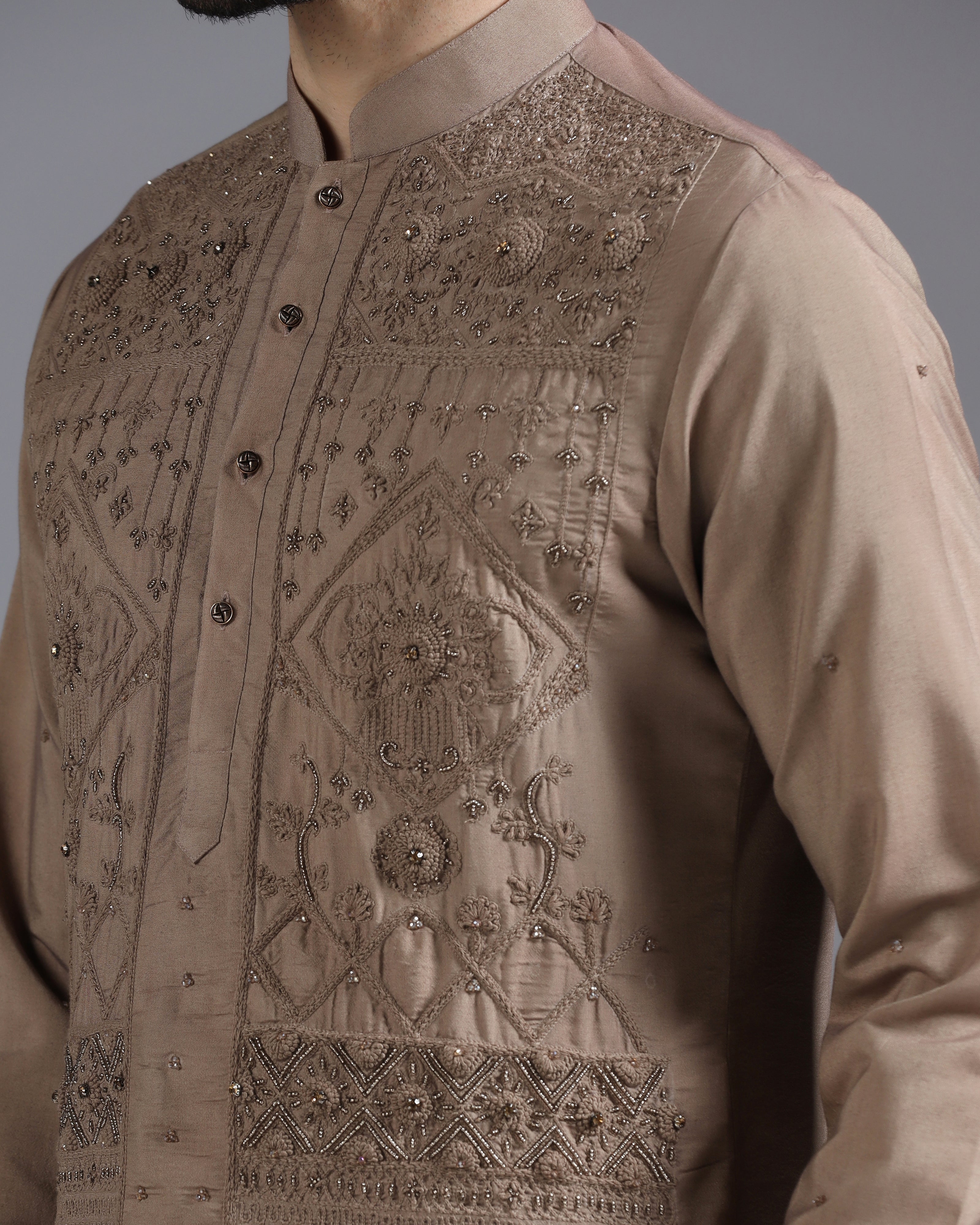 Mocha Brown Hand-Embroidered Kurta Set