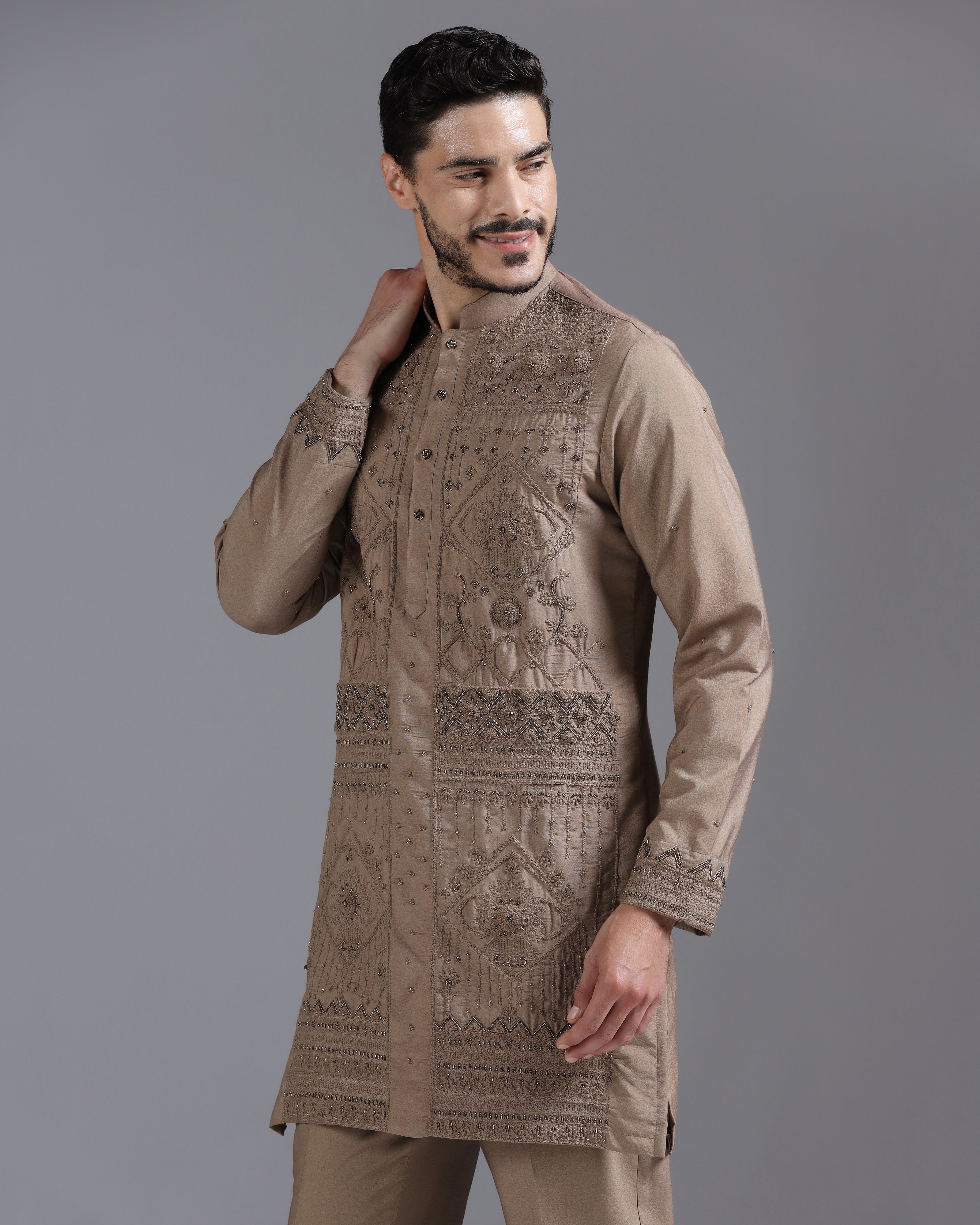 Mocha Brown Hand-Embroidered Kurta Set