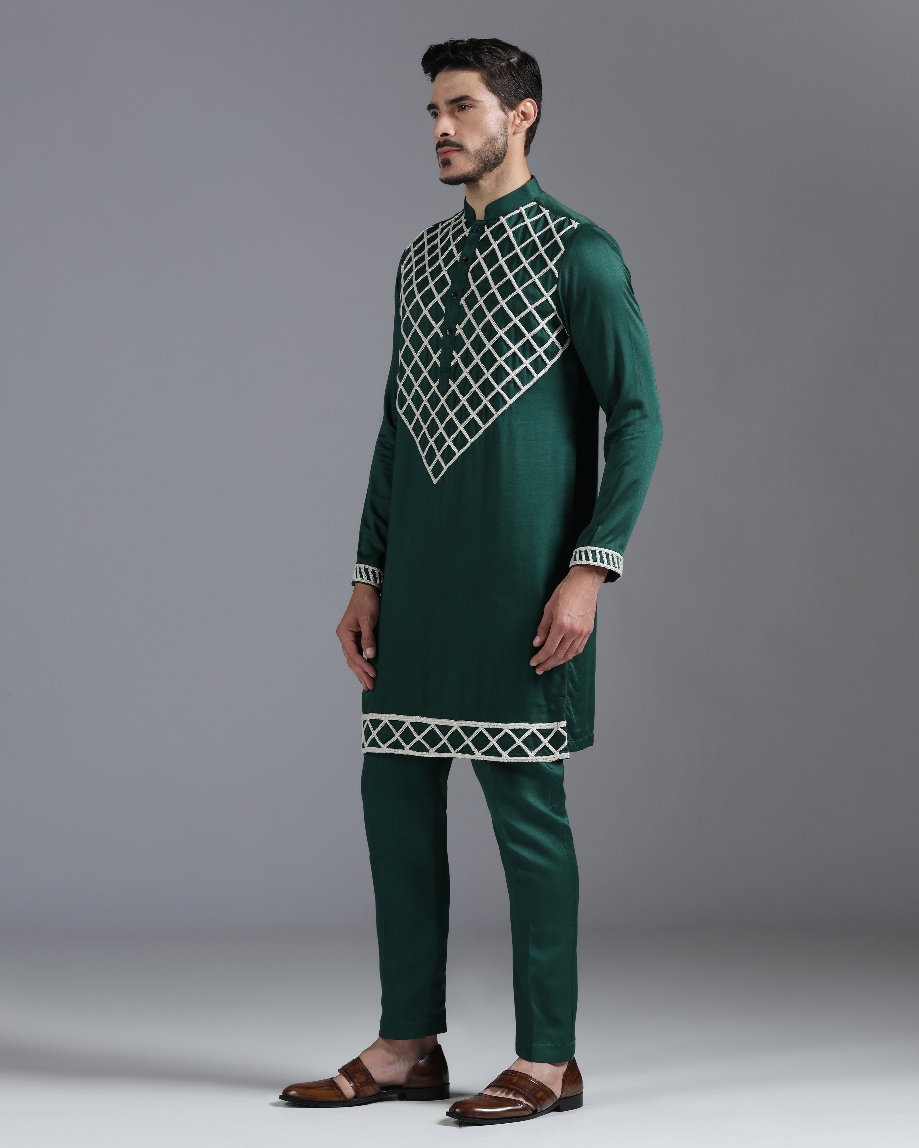 Emerald Green Kurta Set with Hand Embroidered Ivory Cutdana Detailing