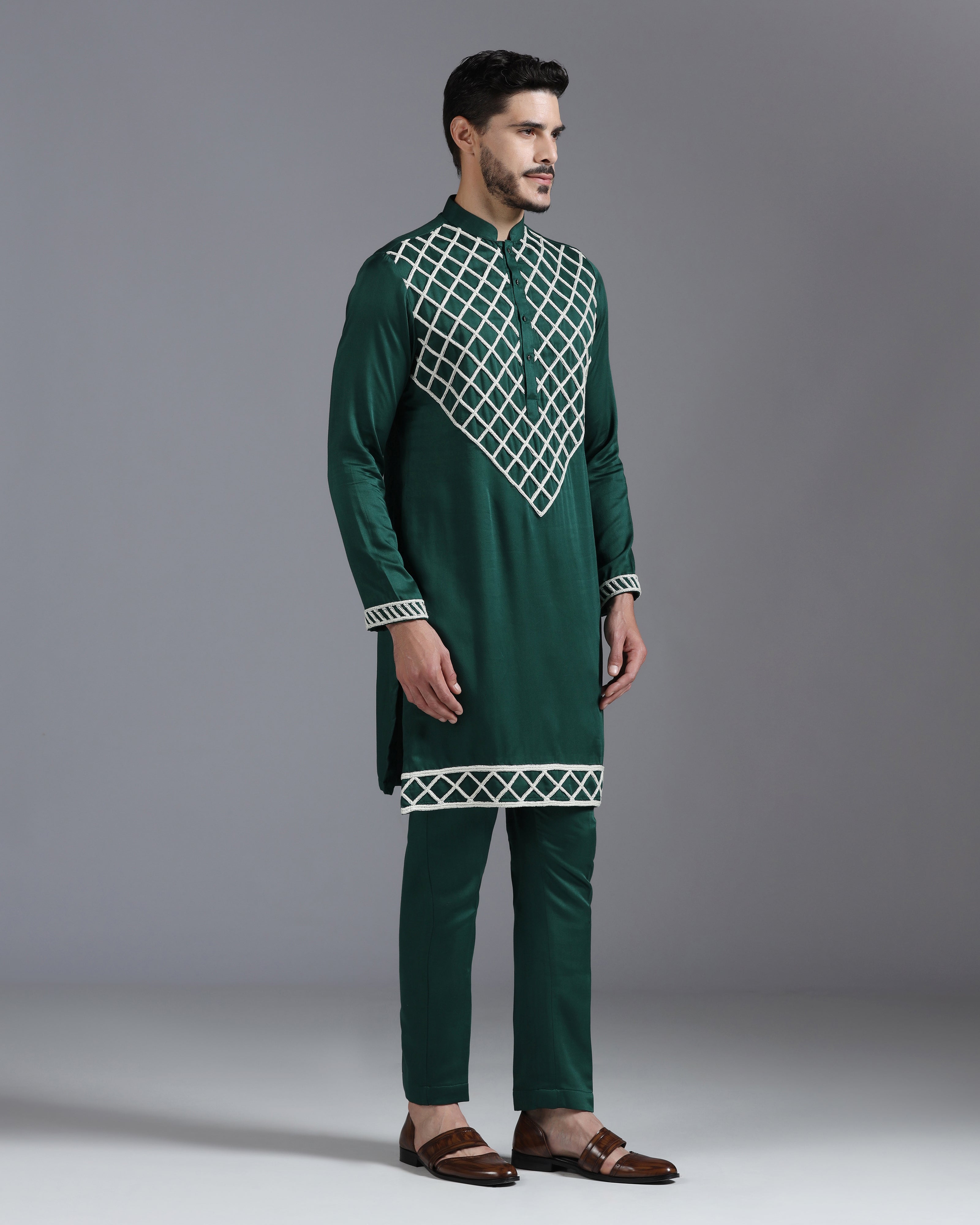 Emerald Green Kurta Set with Hand Embroidered Ivory Cutdana Detailing