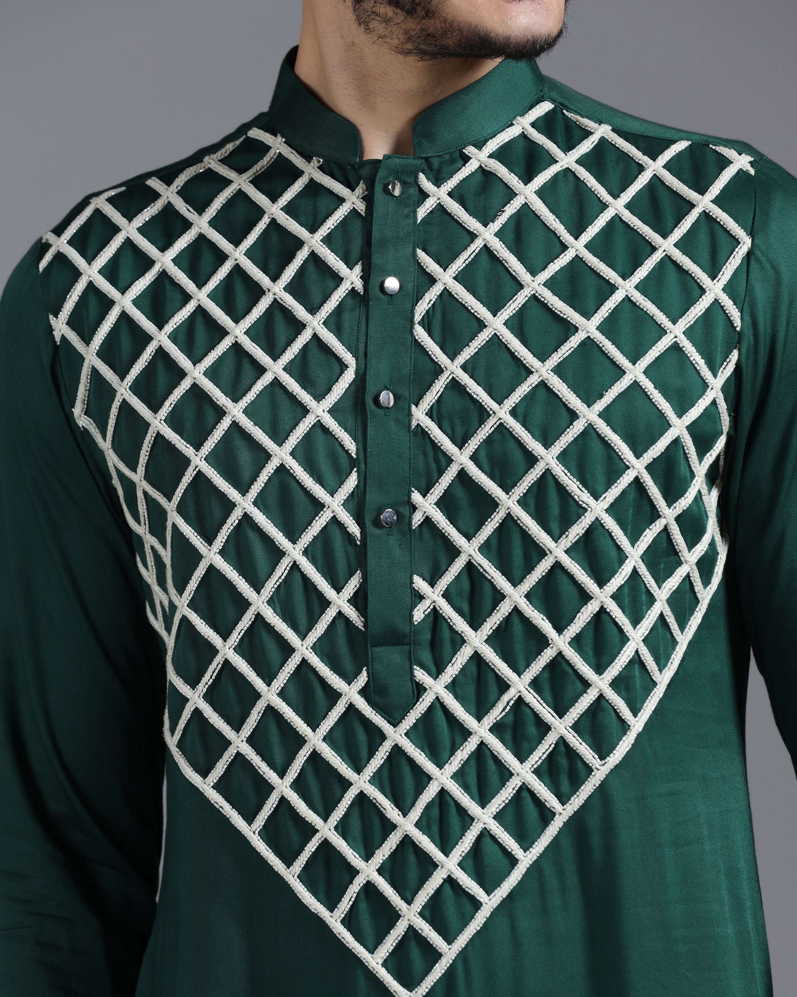 Emerald Green Kurta Set with Hand Embroidered Ivory Cutdana Detailing
