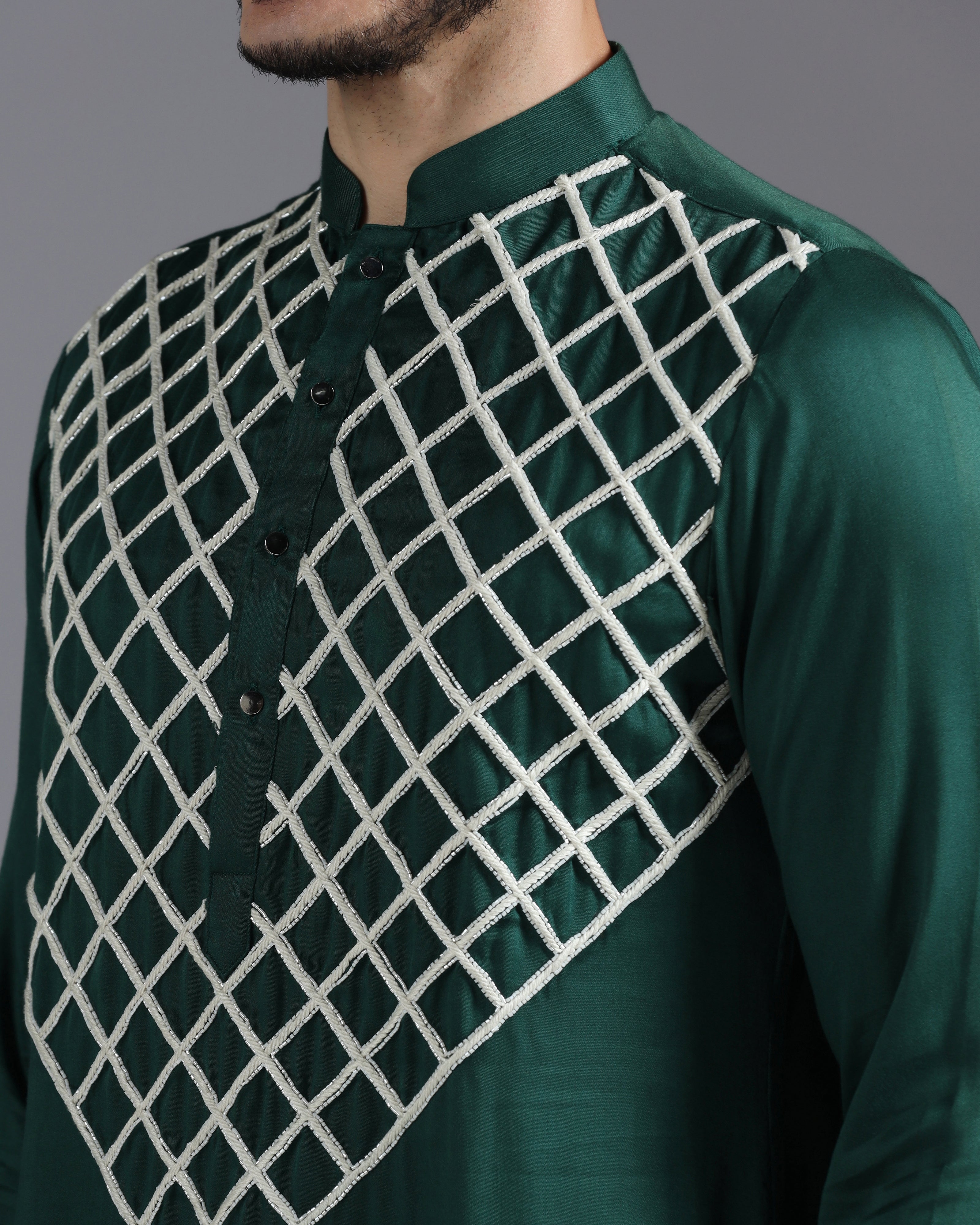 Emerald Green Kurta Set with Hand Embroidered Ivory Cutdana Detailing