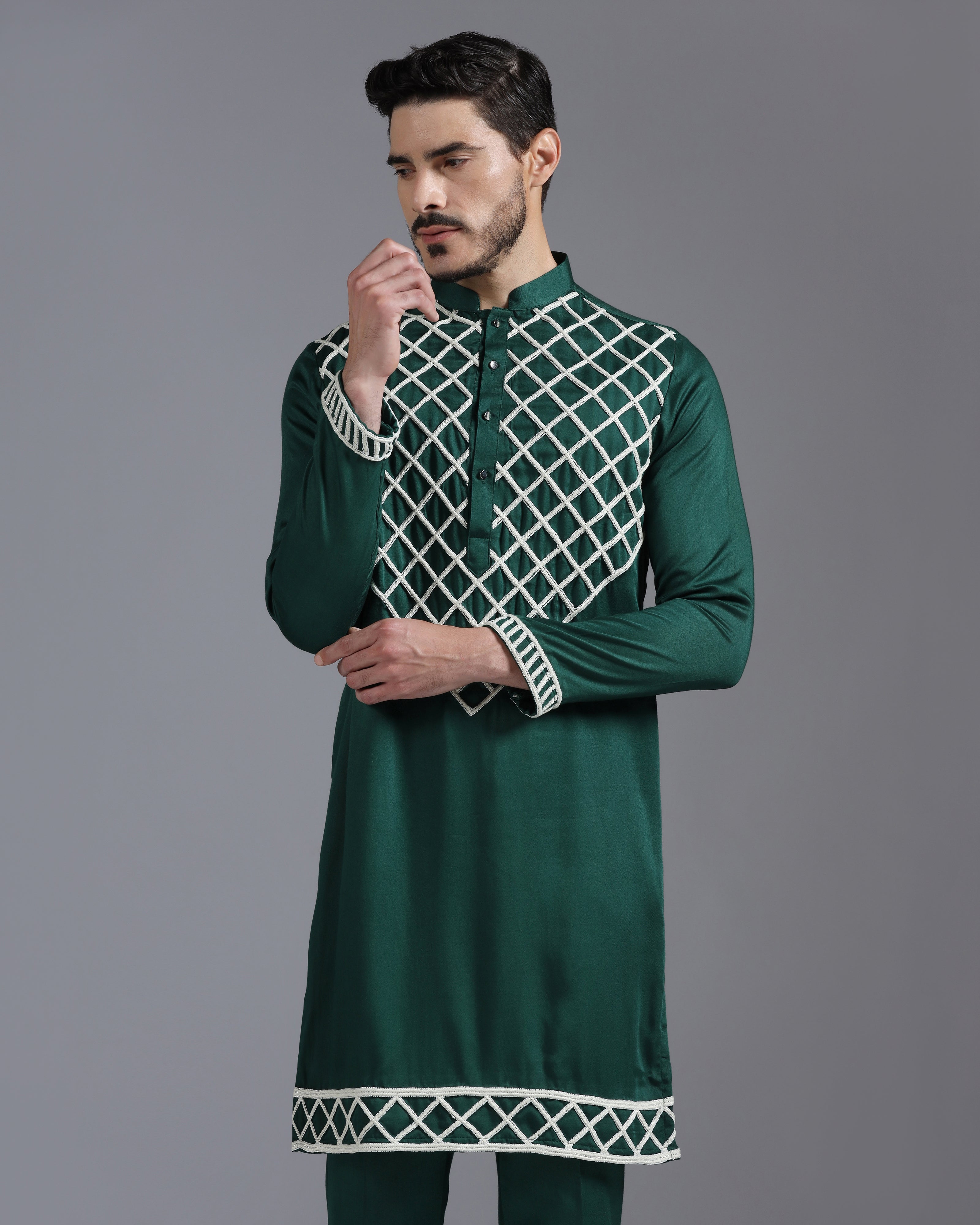 Emerald Green Kurta Set with Hand Embroidered Ivory Cutdana Detailing