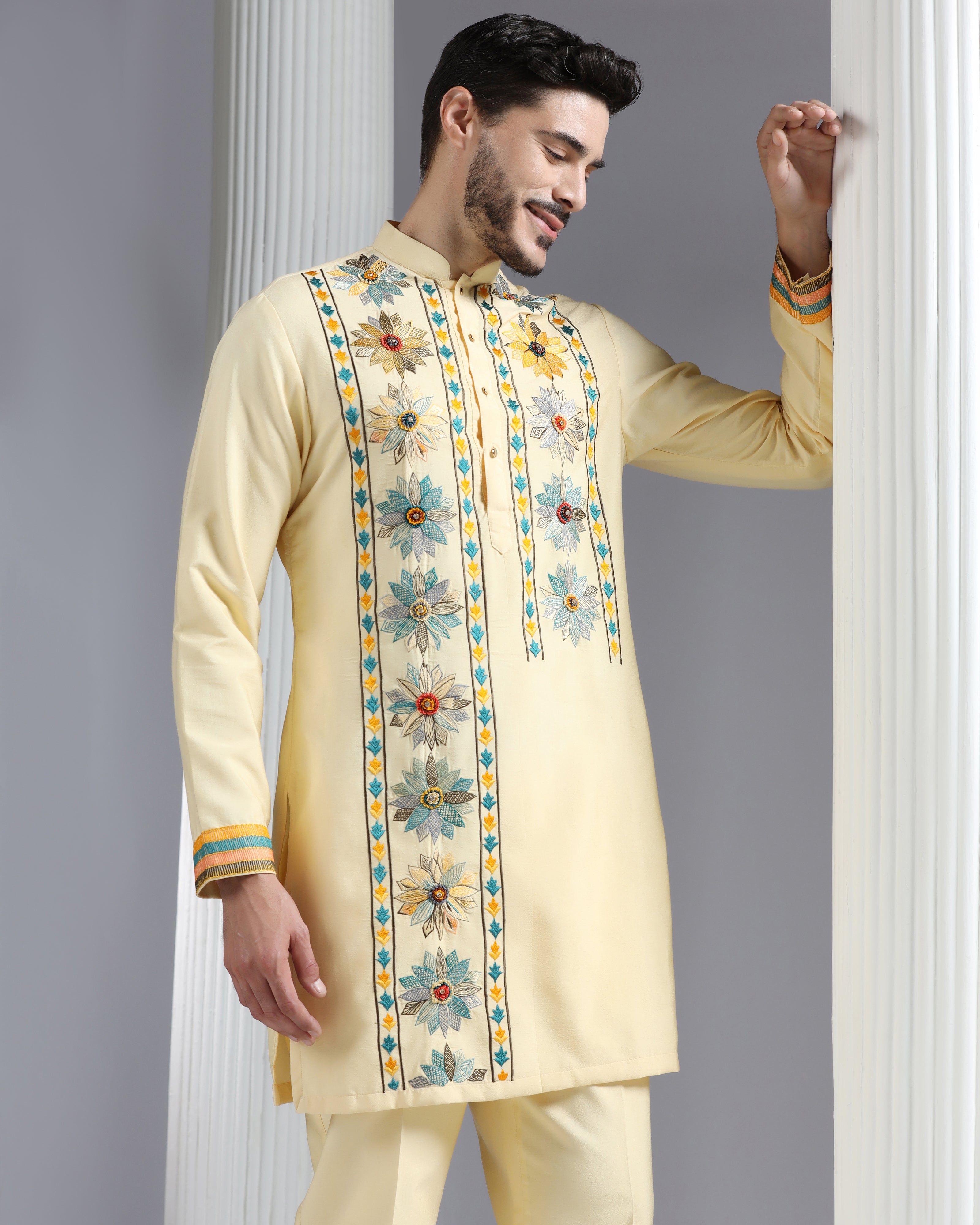 Butter Yellow Kurta Set with Multicolor Floral Accents