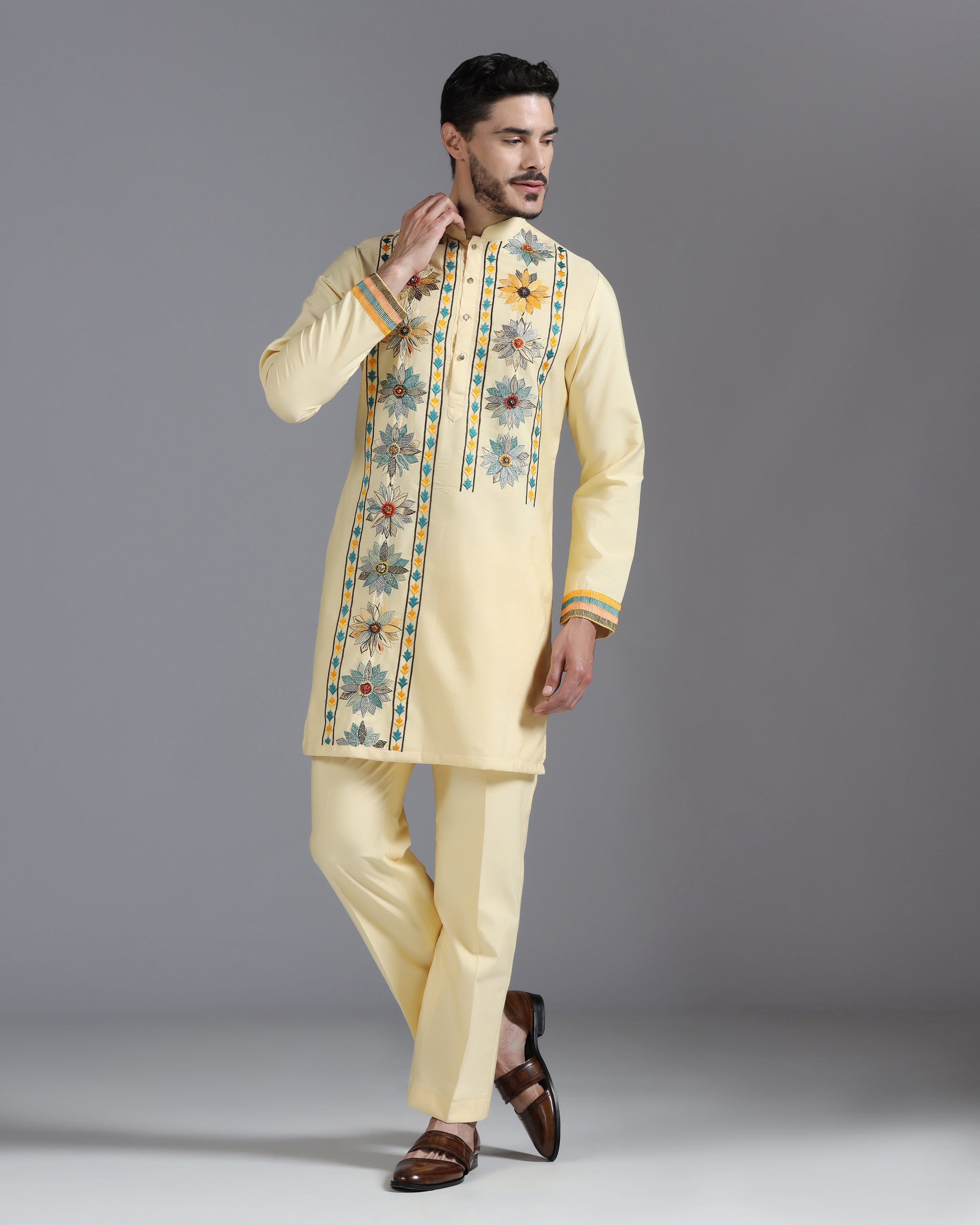 Butter Yellow Kurta Set with Multicolor Floral Accents