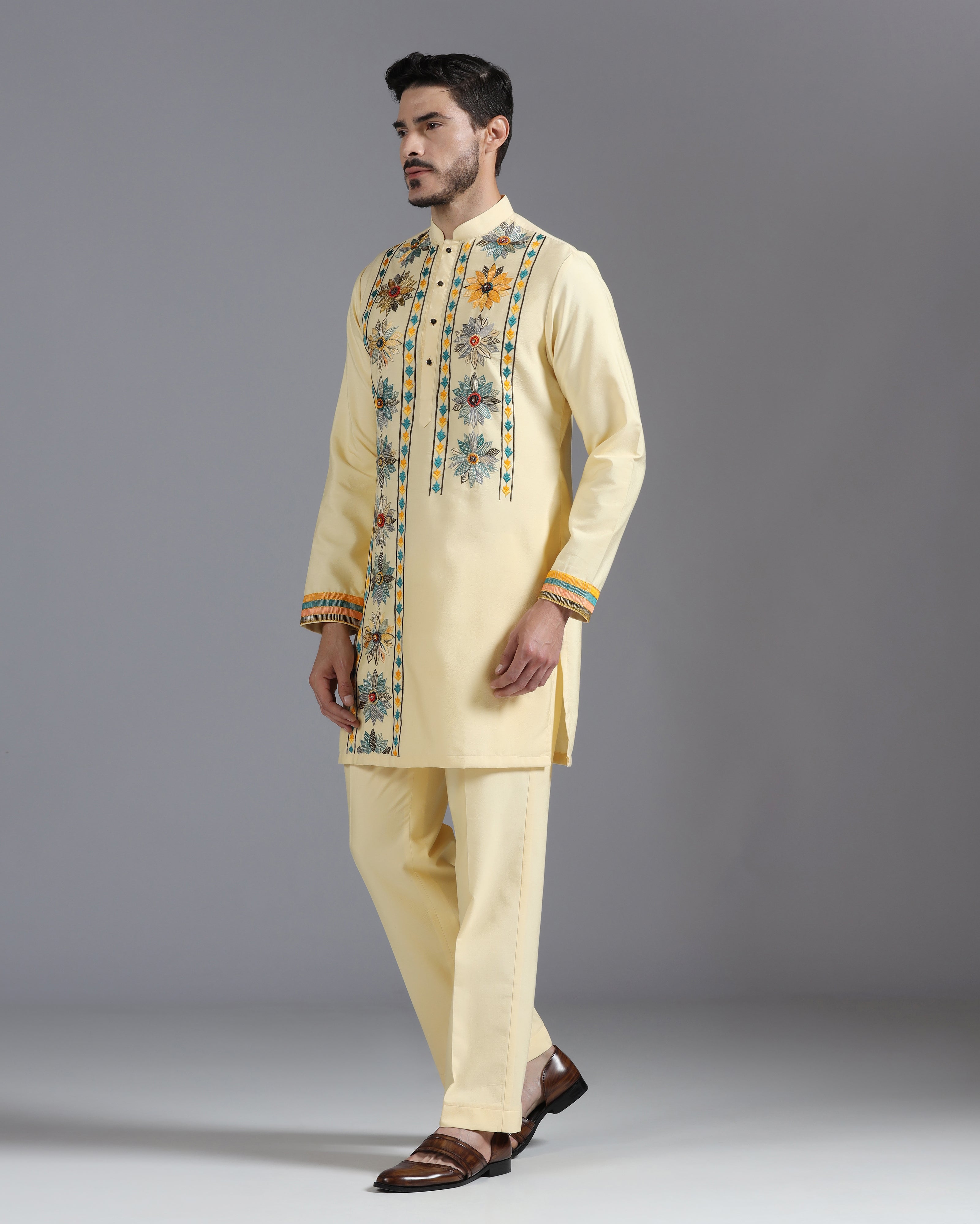 Butter Yellow Kurta Set with Multicolor Floral Accents