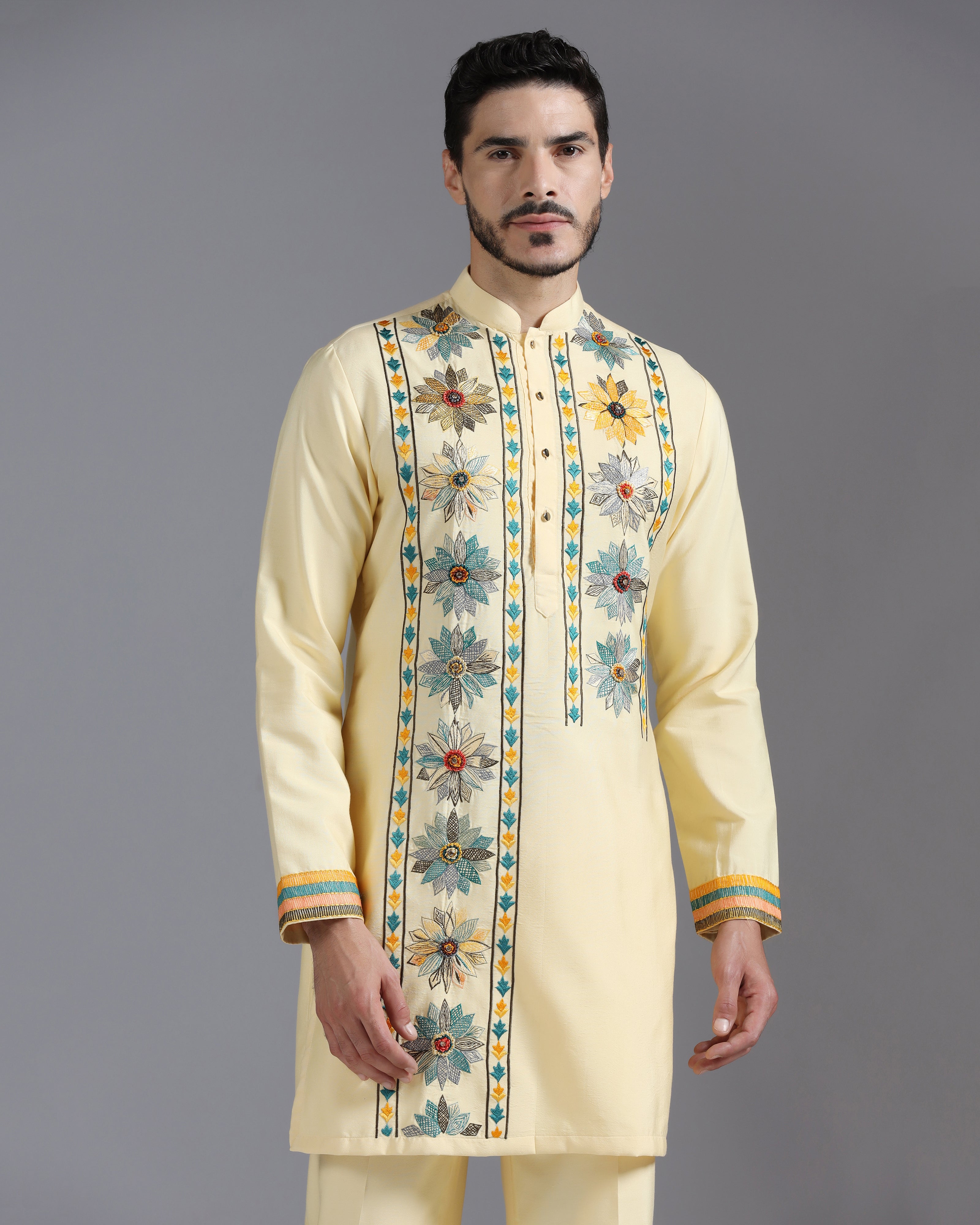 Butter Yellow Kurta Set with Multicolor Floral Accents