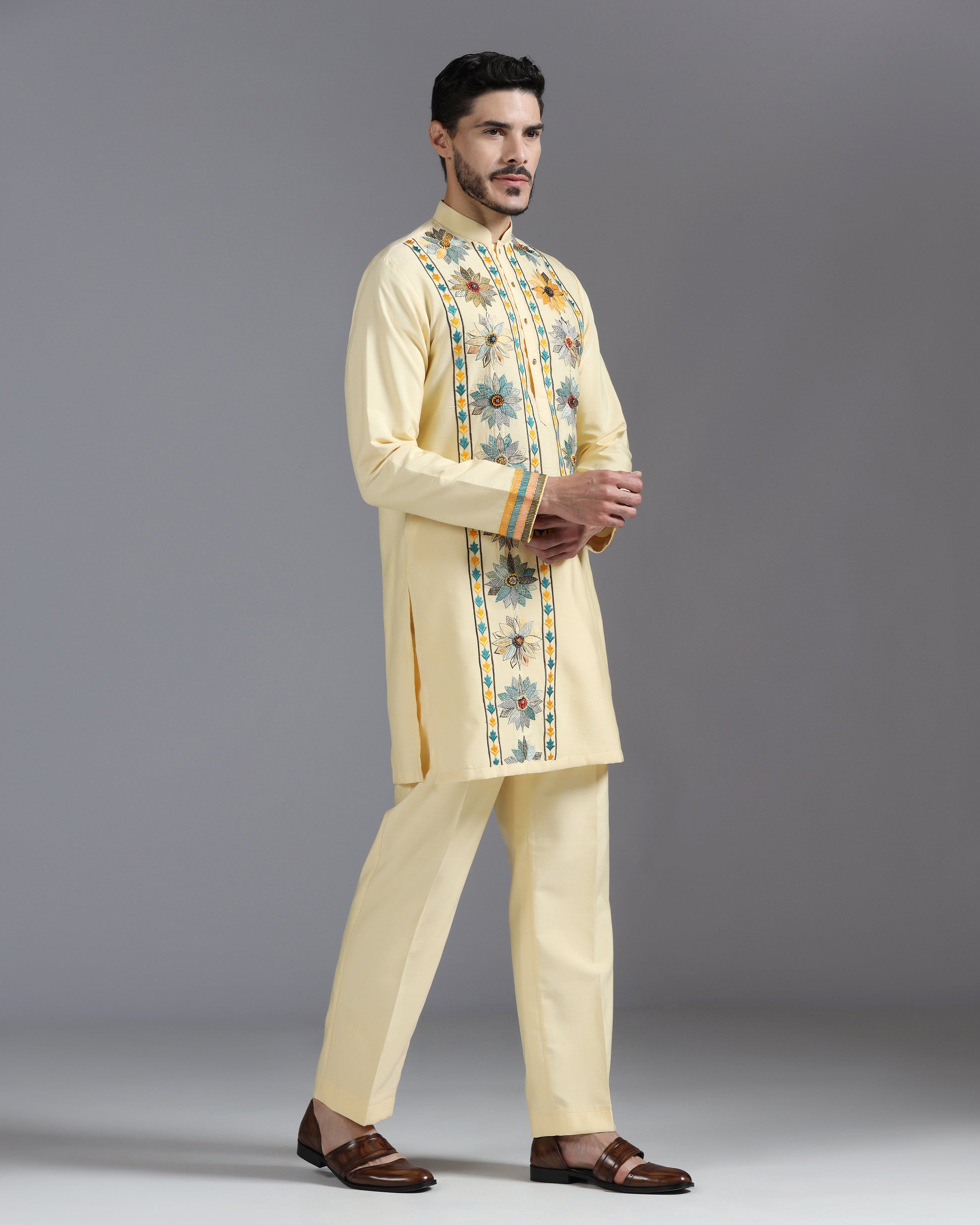 Butter Yellow Kurta Set with Multicolor Floral Accents