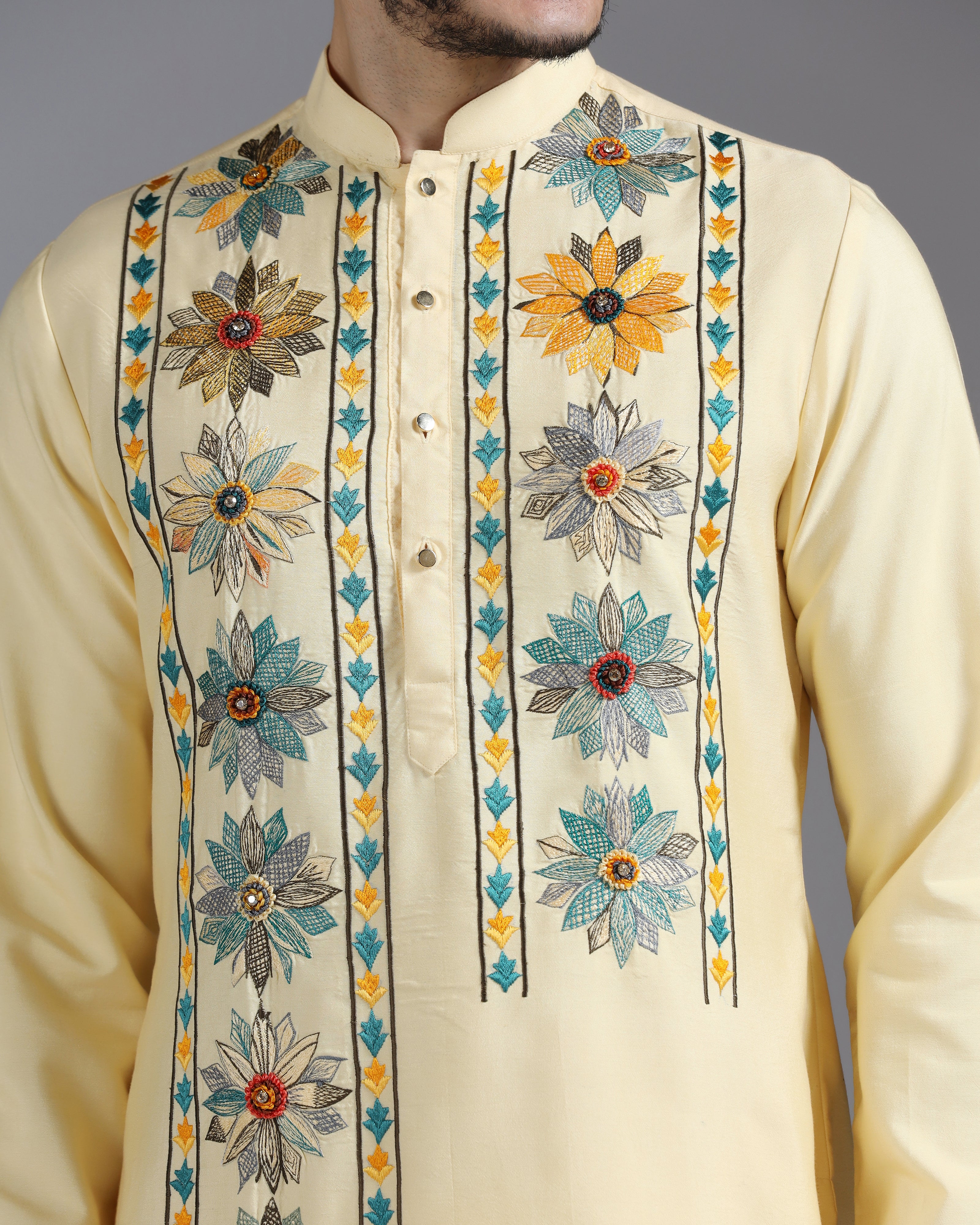 Butter Yellow Kurta Set with Multicolor Floral Accents
