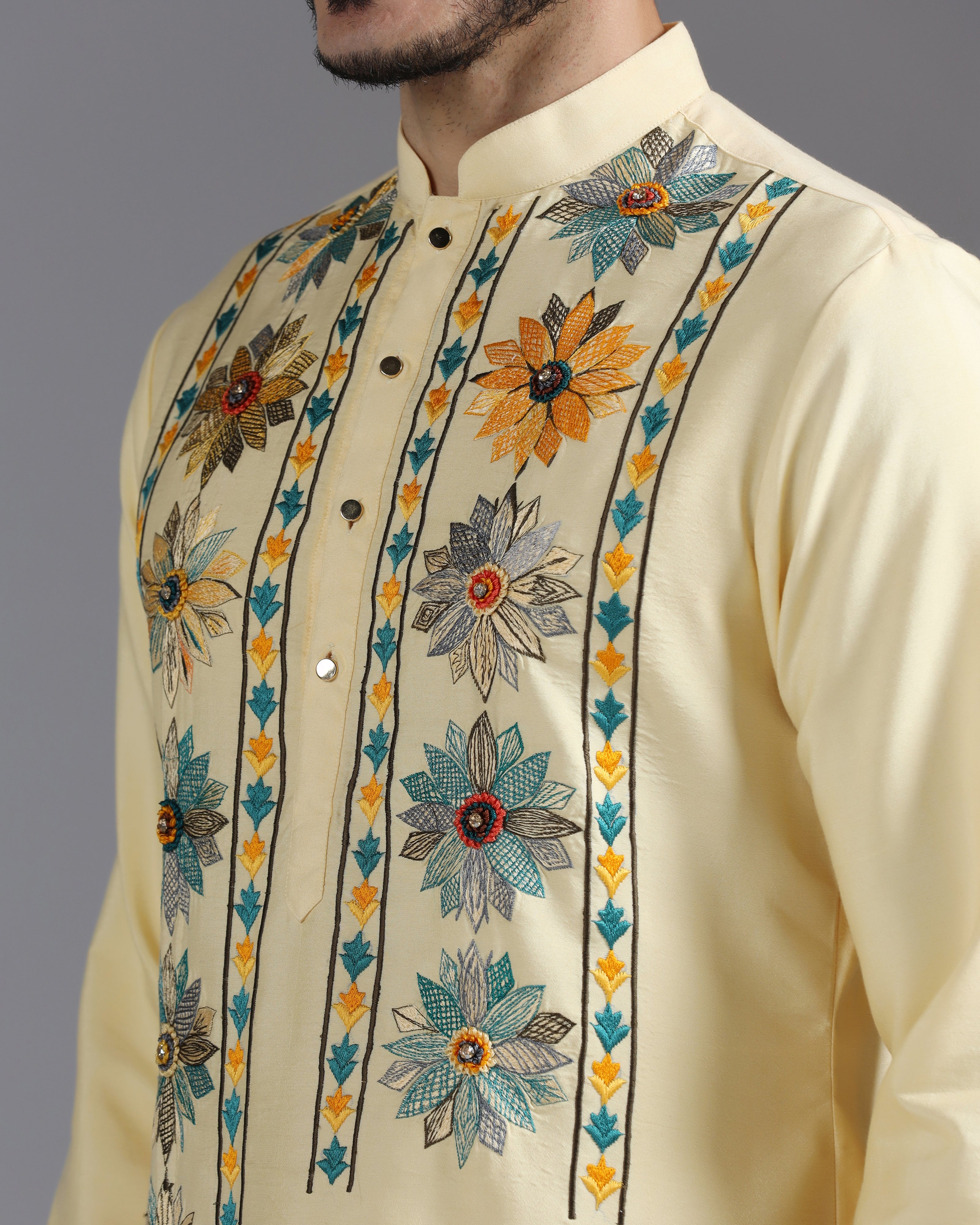 Butter Yellow Kurta Set with Multicolor Floral Accents