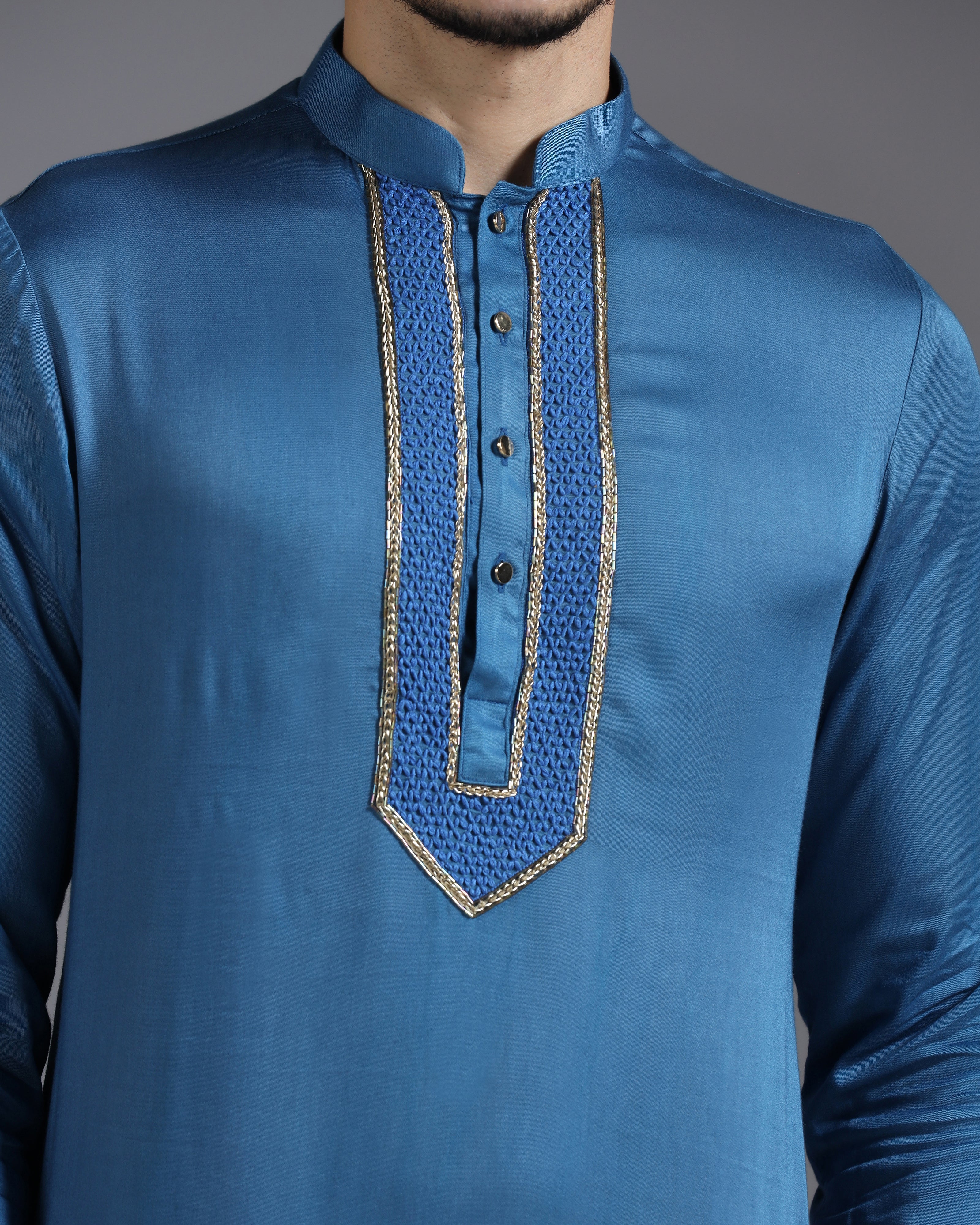 Royal Blue Kurta Set with Geometric Thread & Cutdana Embroidery