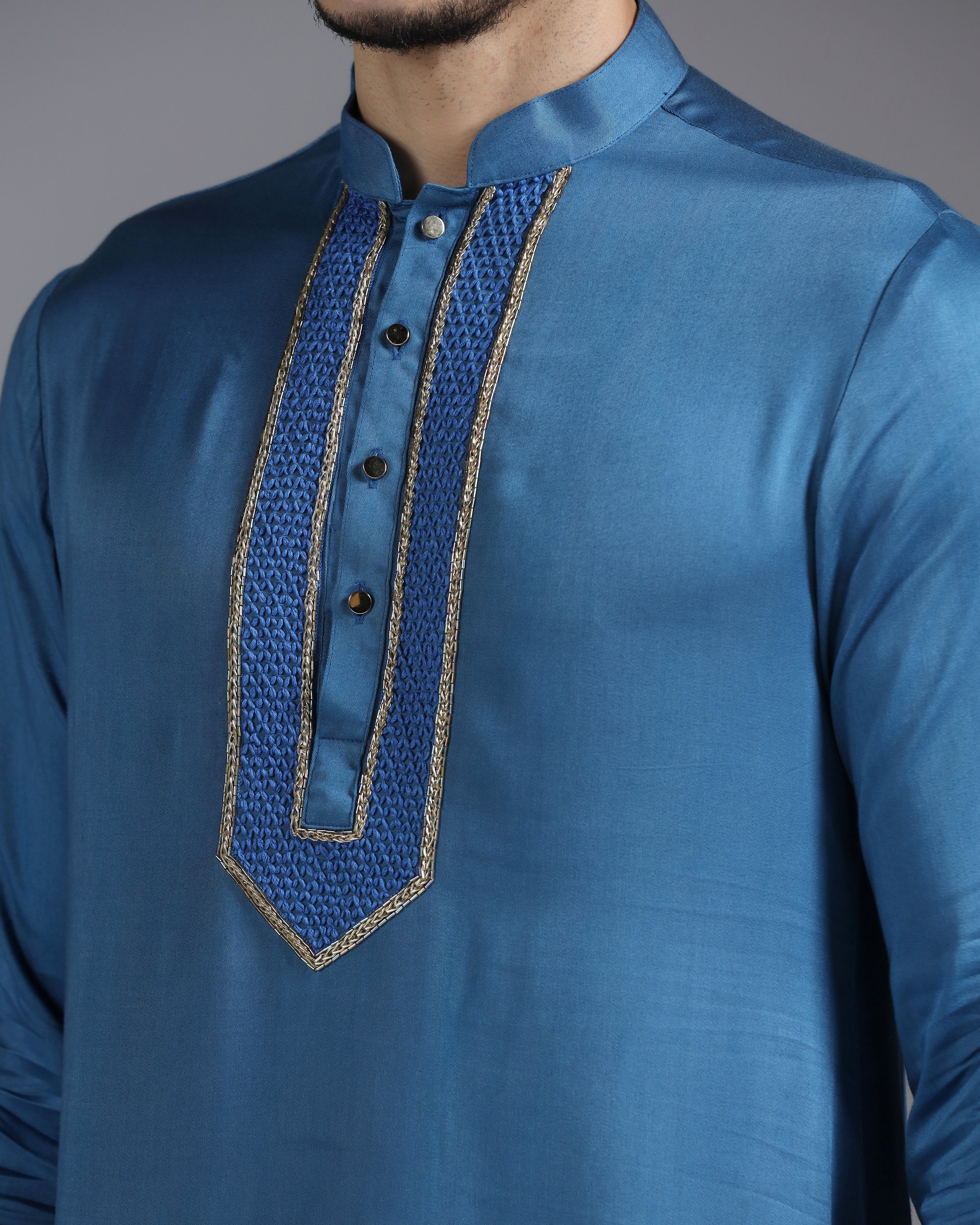 Royal Blue Kurta Set with Geometric Thread & Cutdana Embroidery