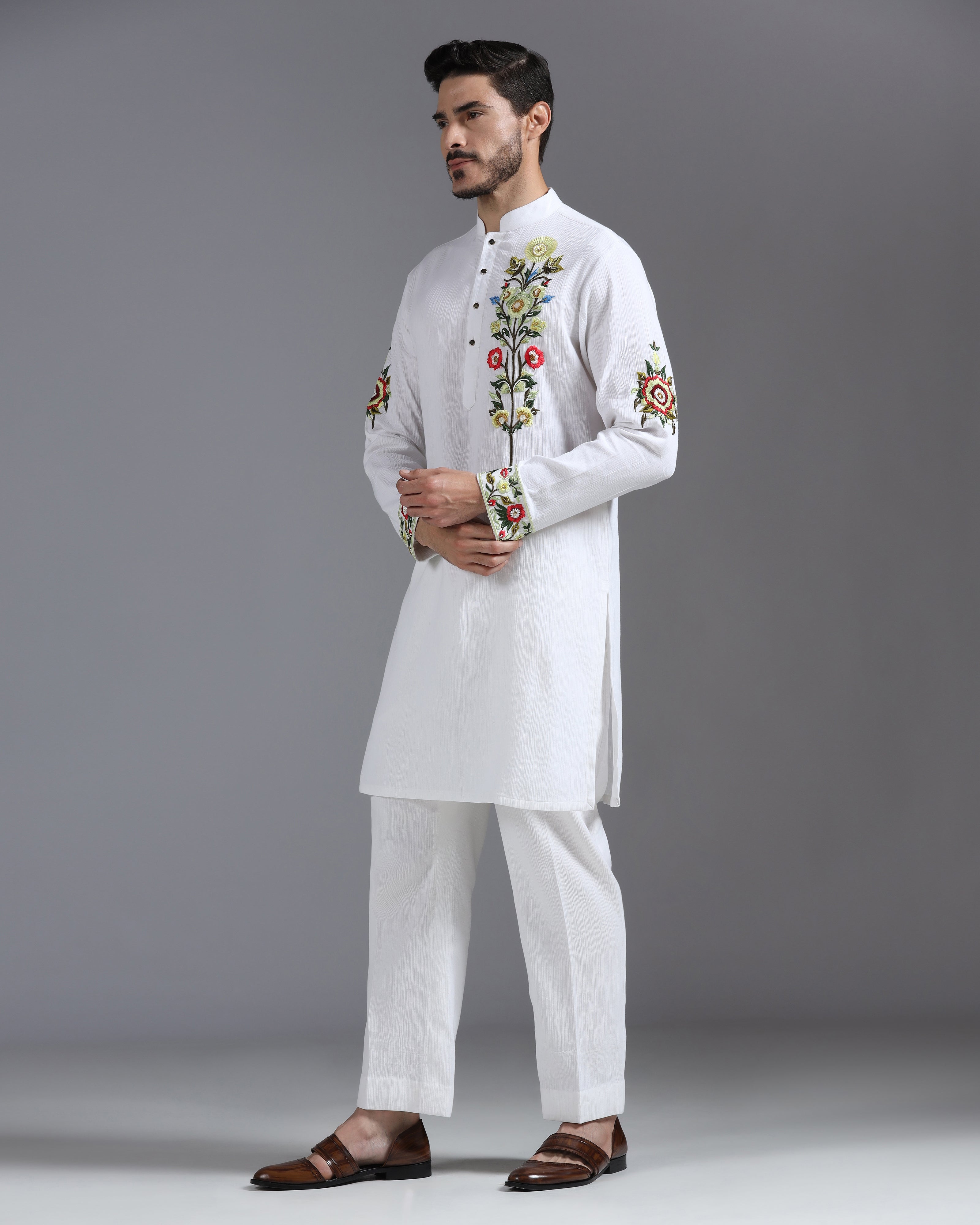 White Garden Bloom Kurta in Crinkle Cotton