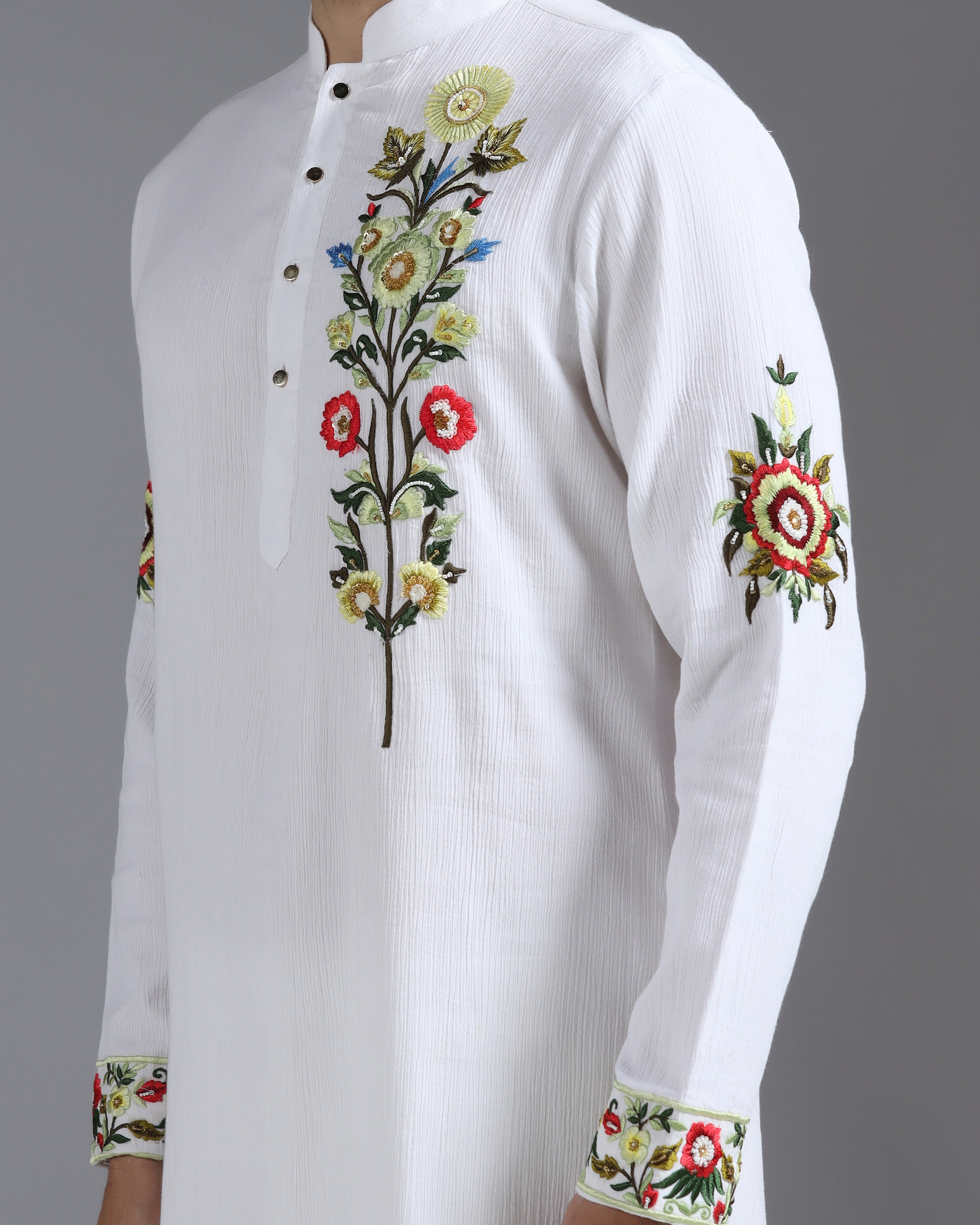 White Garden Bloom Kurta in Crinkle Cotton