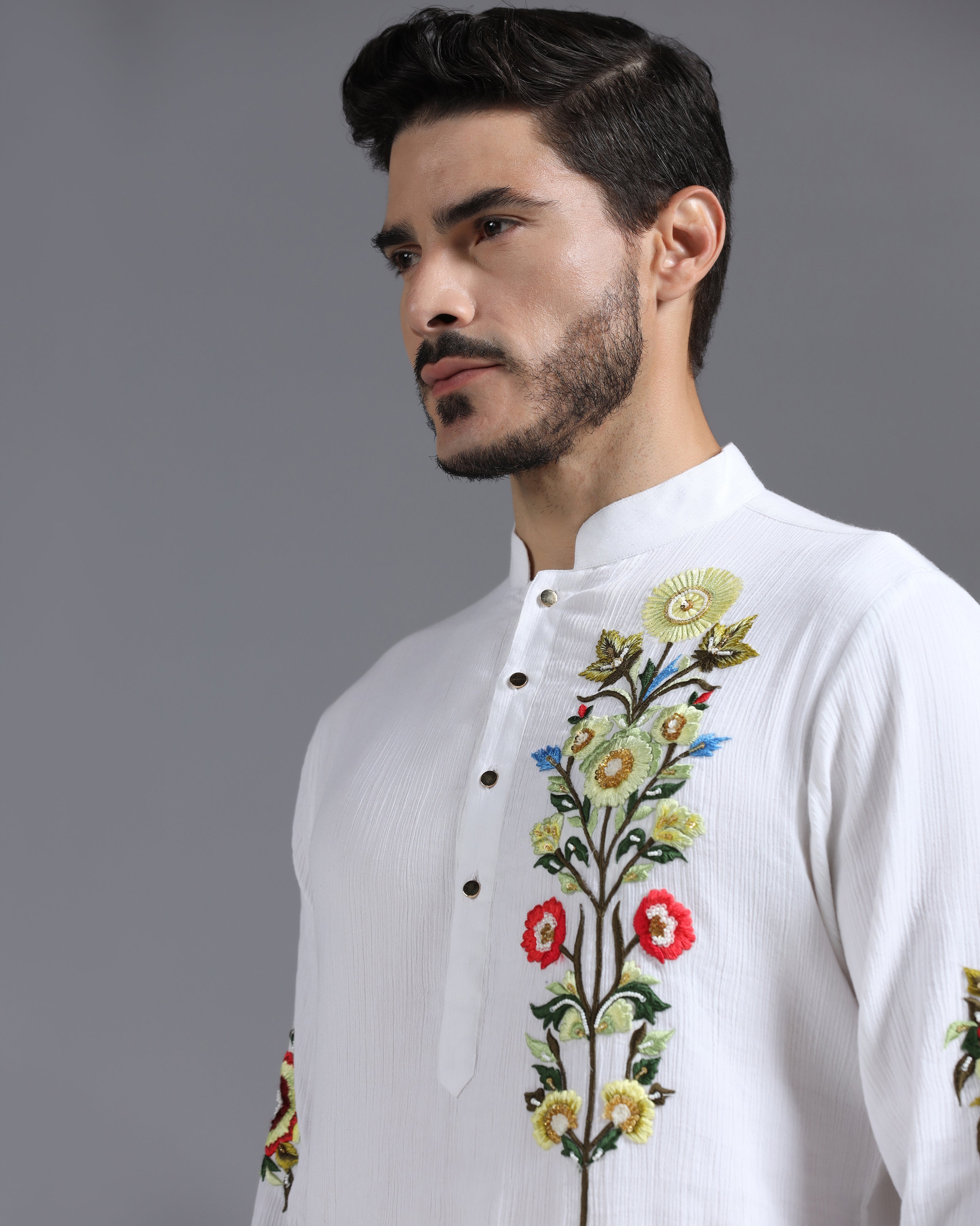 White Garden Bloom Kurta in Crinkle Cotton
