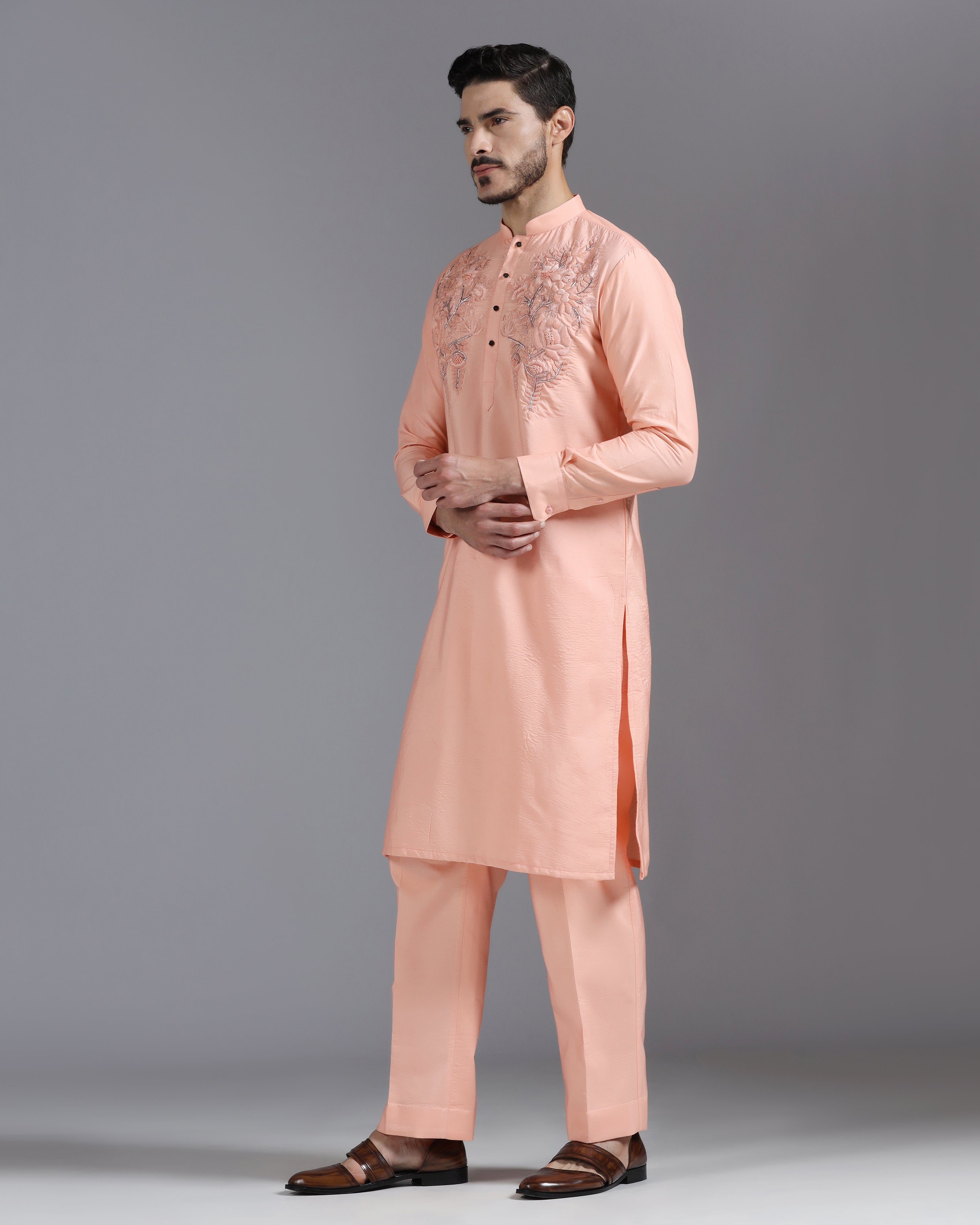 Peach Silk Kurta with Delicate Tone-on-Tone Floral Hand Embroidery