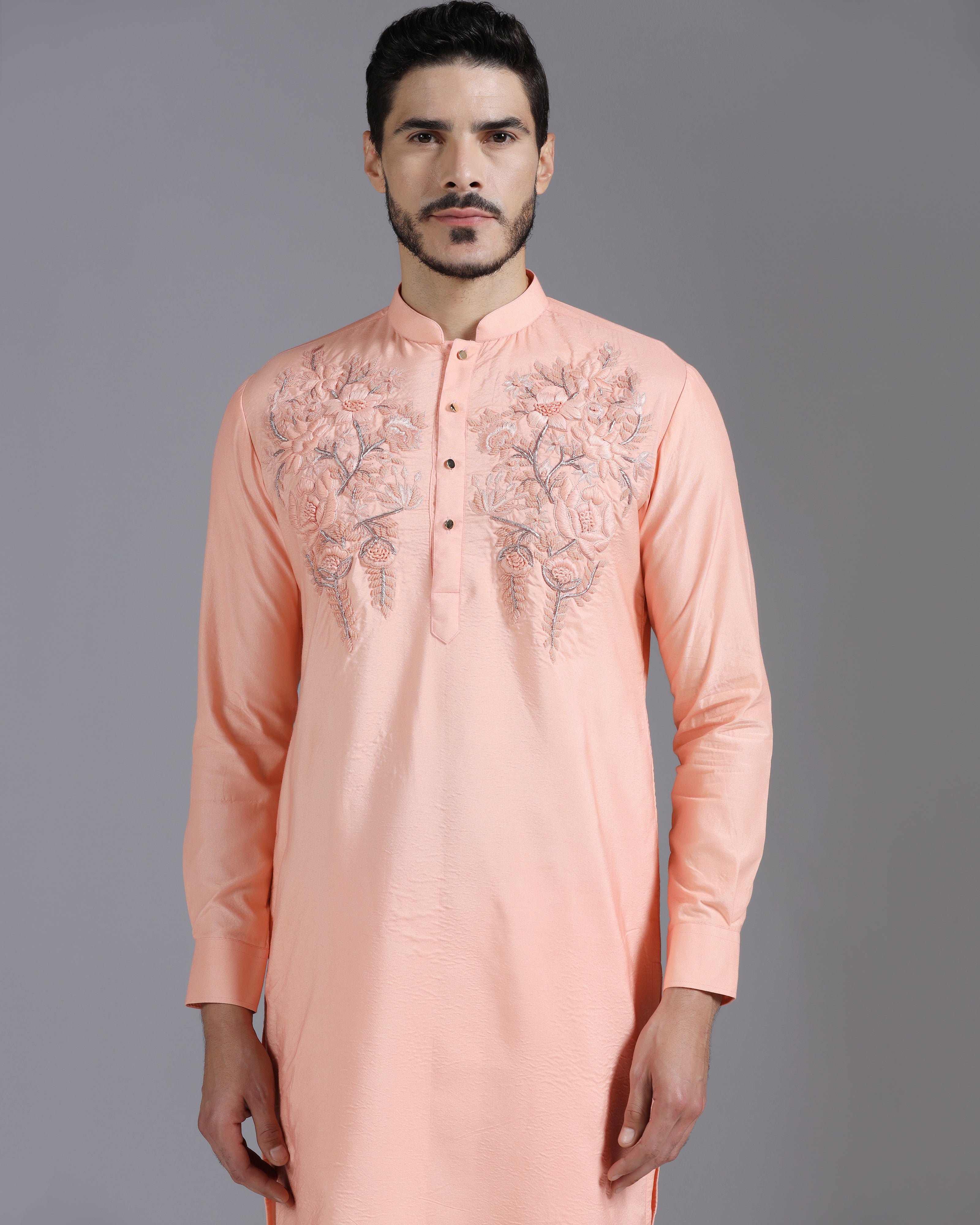 Peach Silk Kurta with Delicate Tone-on-Tone Floral Hand Embroidery