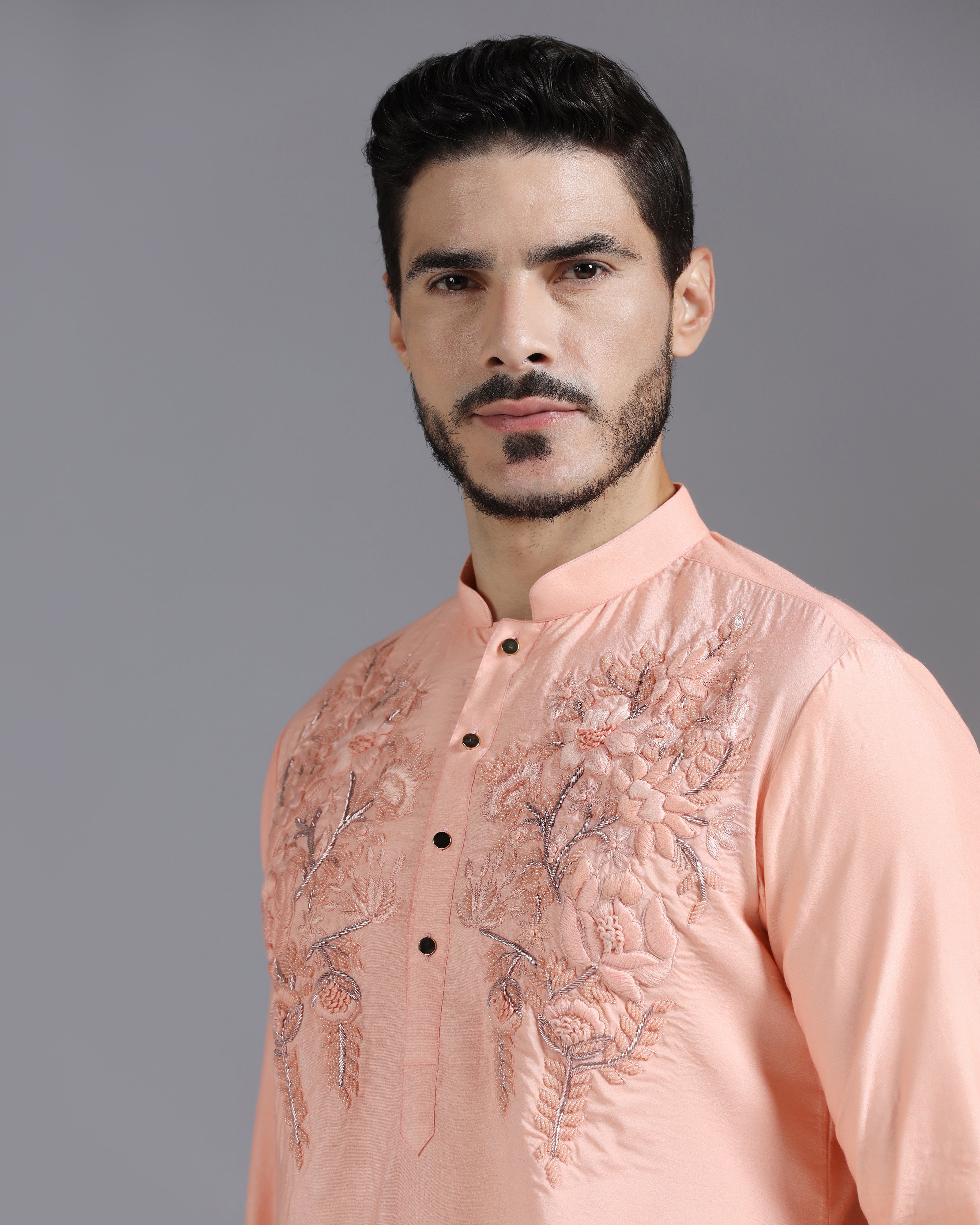 Peach Silk Kurta with Delicate Tone-on-Tone Floral Hand Embroidery