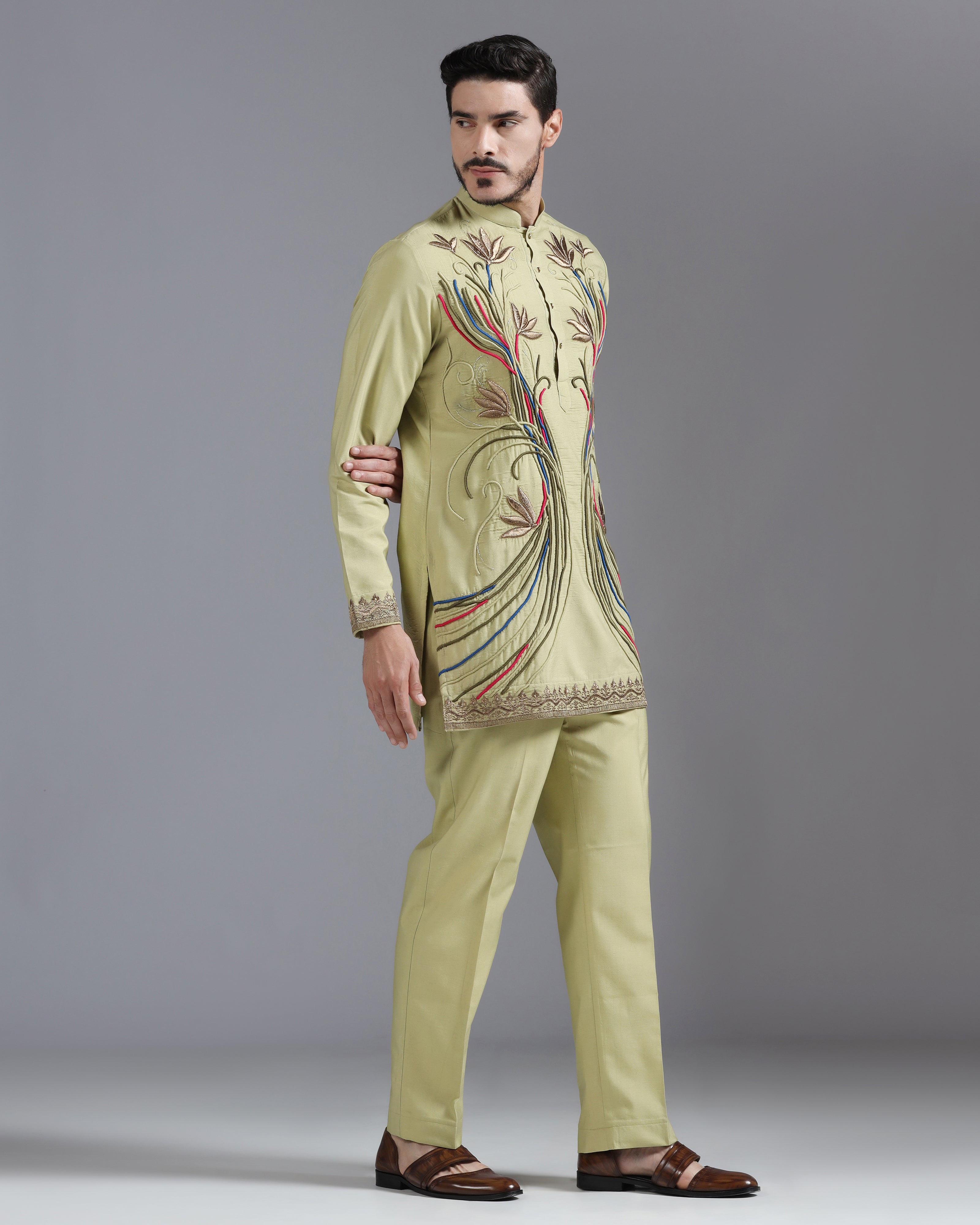 Olive Kurta Set with Multicolour Hand Embroidery