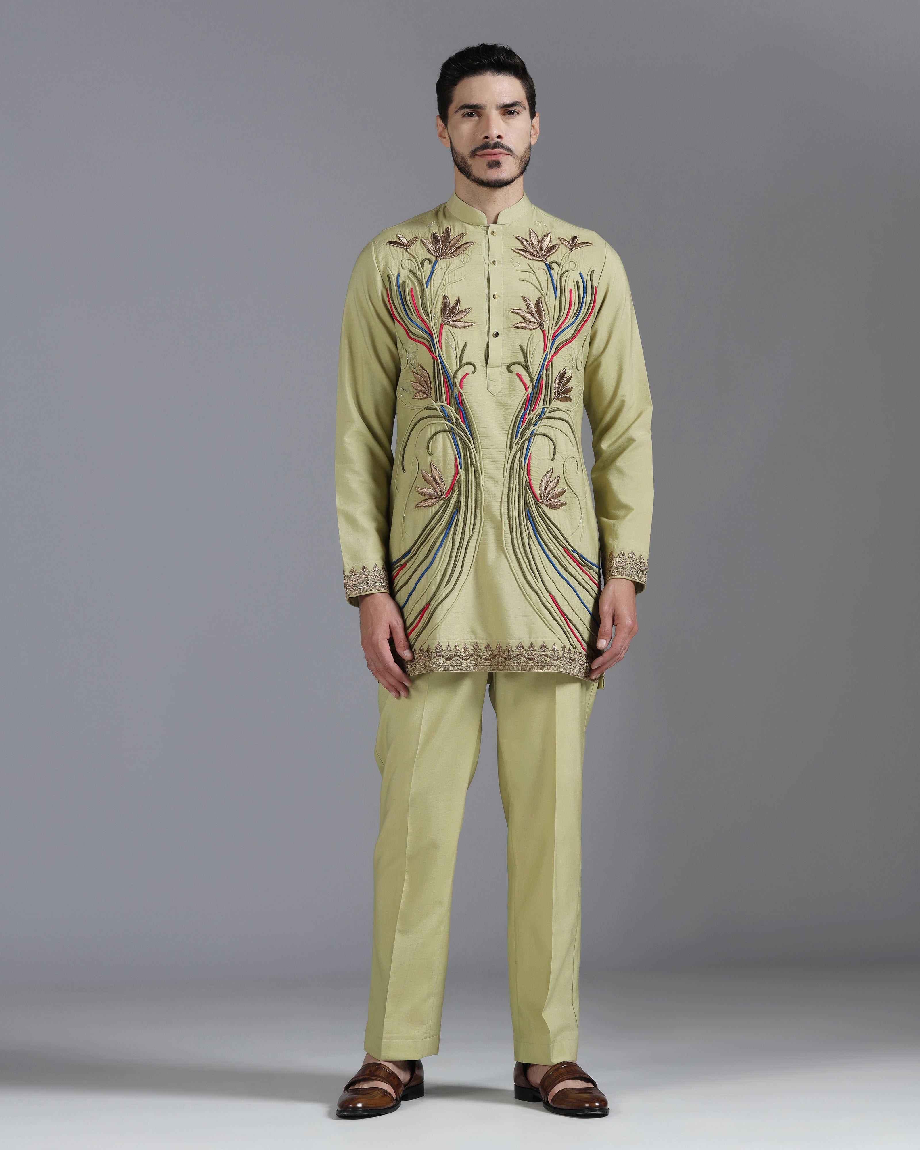 Olive Kurta Set with Multicolour Hand Embroidery