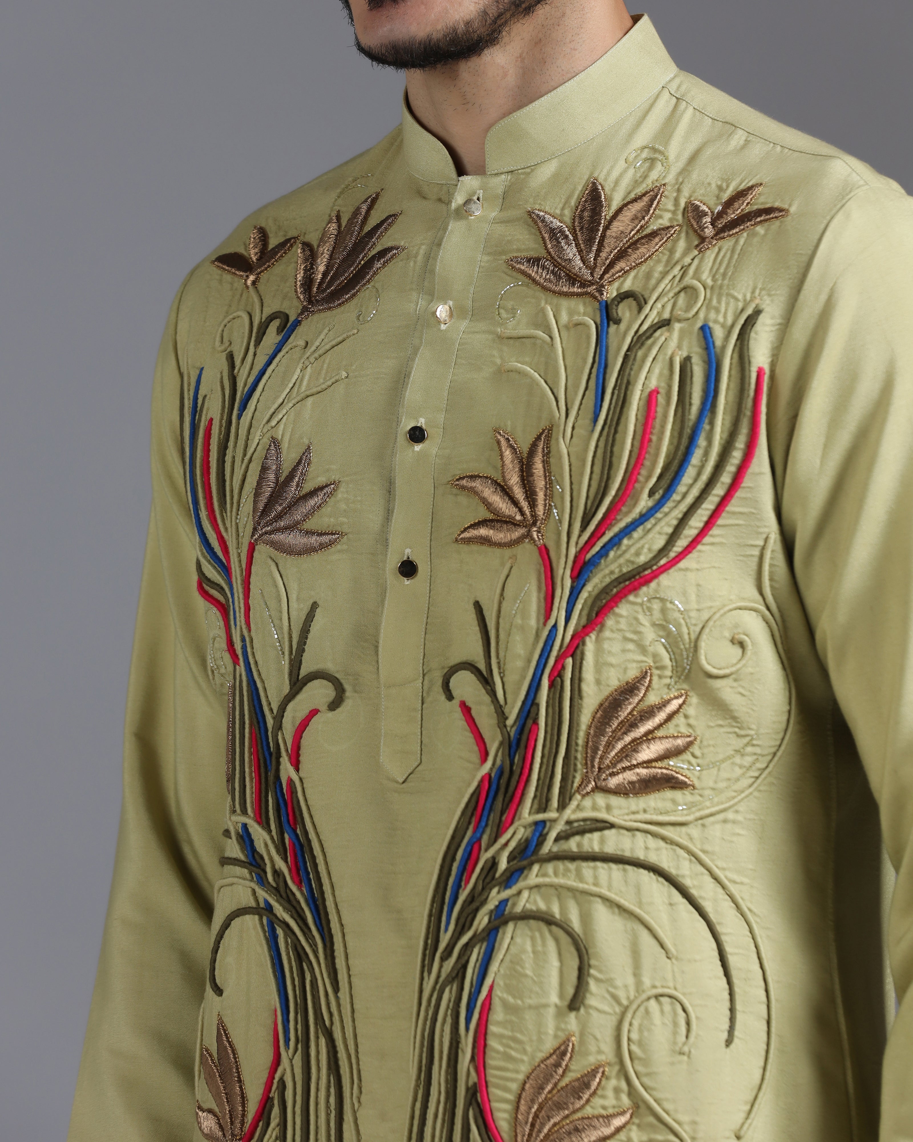 Olive Kurta Set with Multicolour Hand Embroidery
