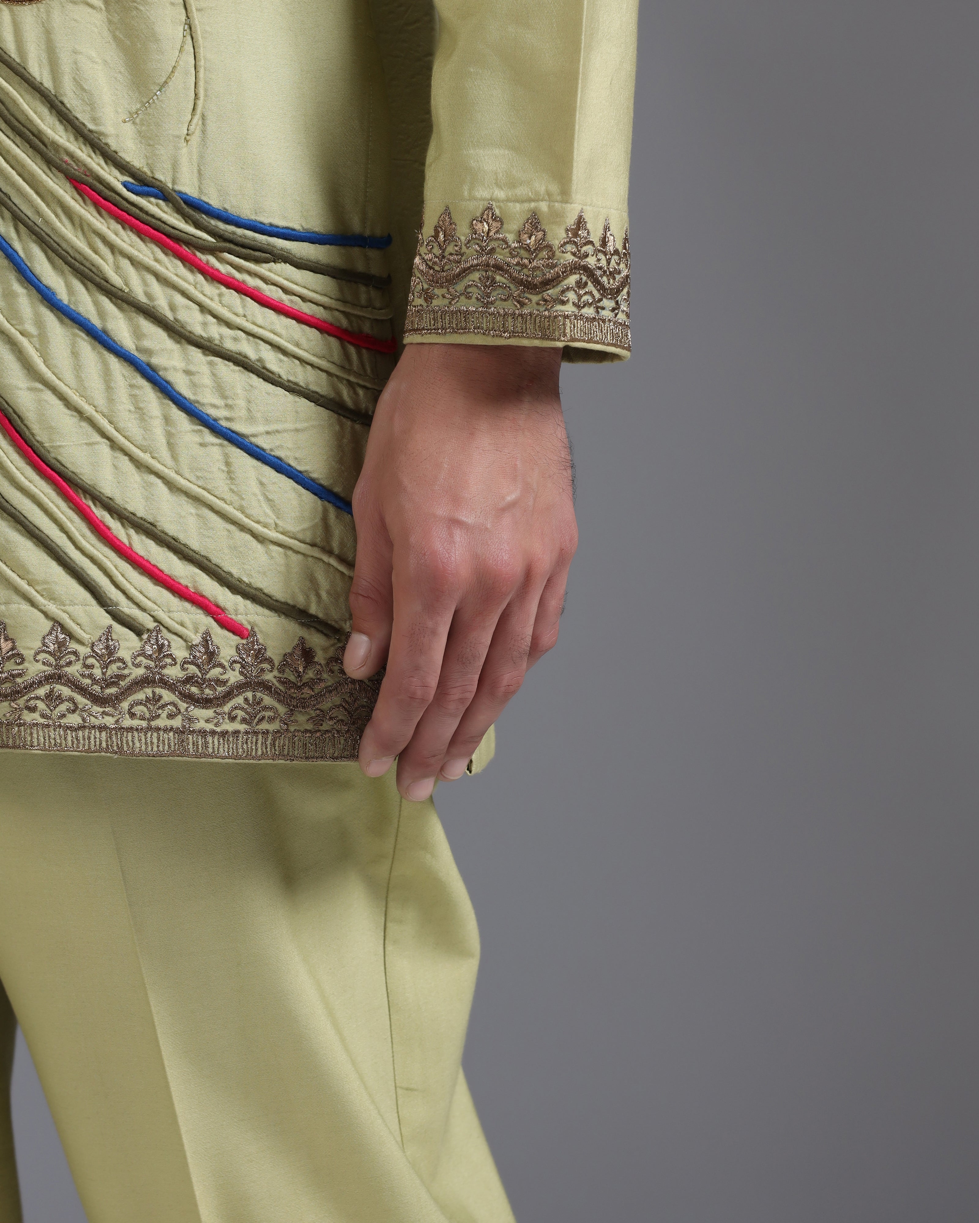 Olive Kurta Set with Multicolour Hand Embroidery