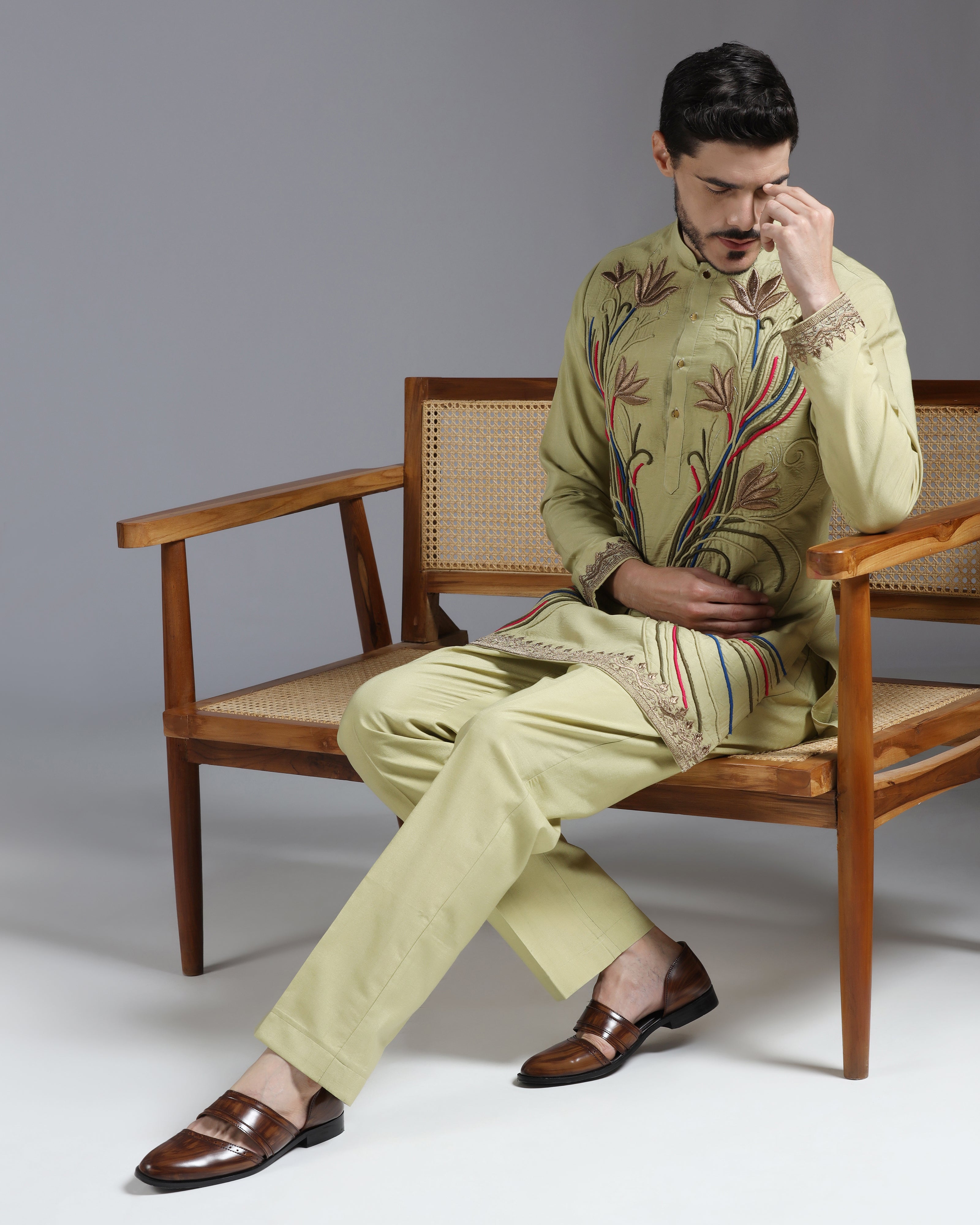 Olive Kurta Set with Multicolour Hand Embroidery