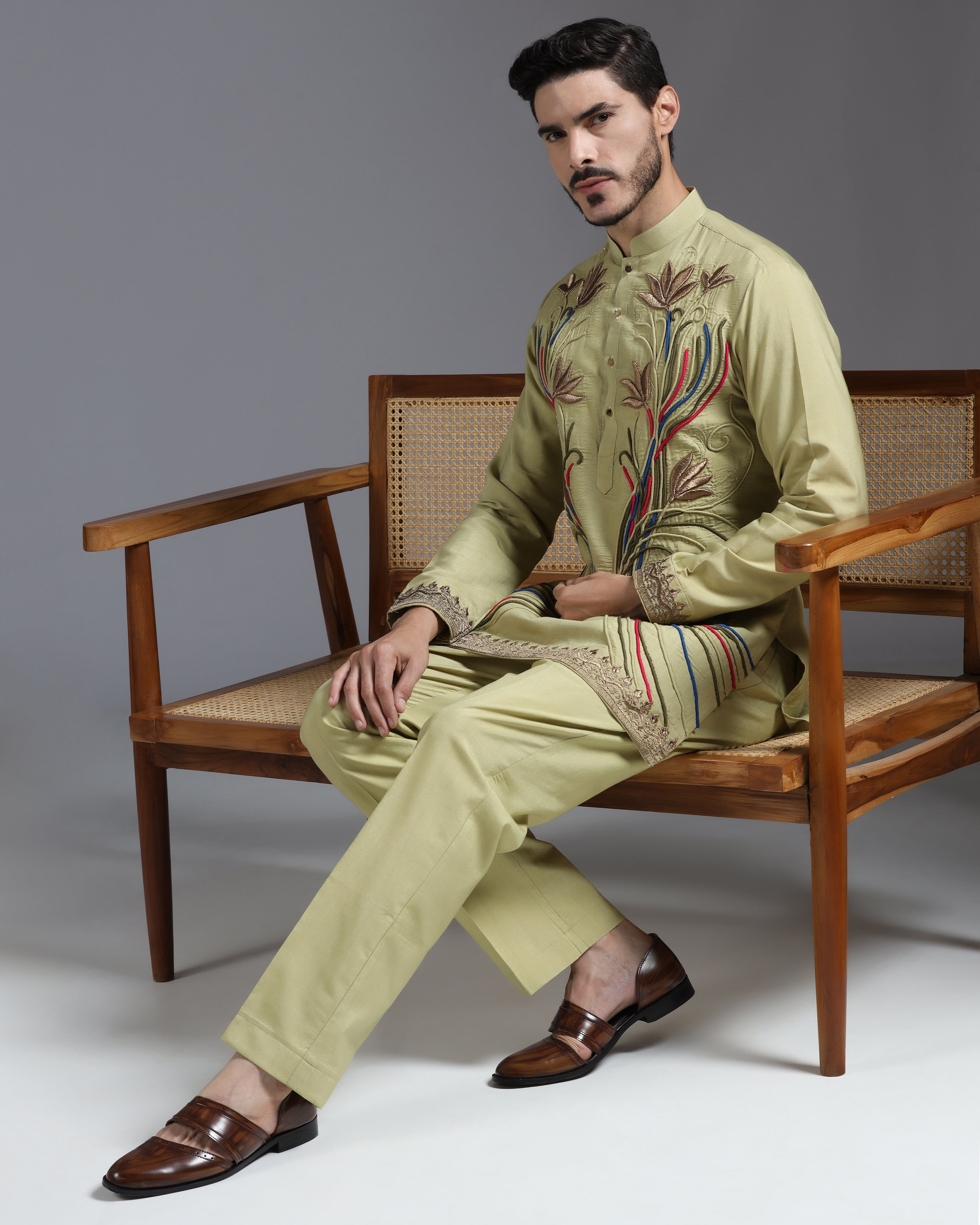 Olive Kurta Set with Multicolour Hand Embroidery