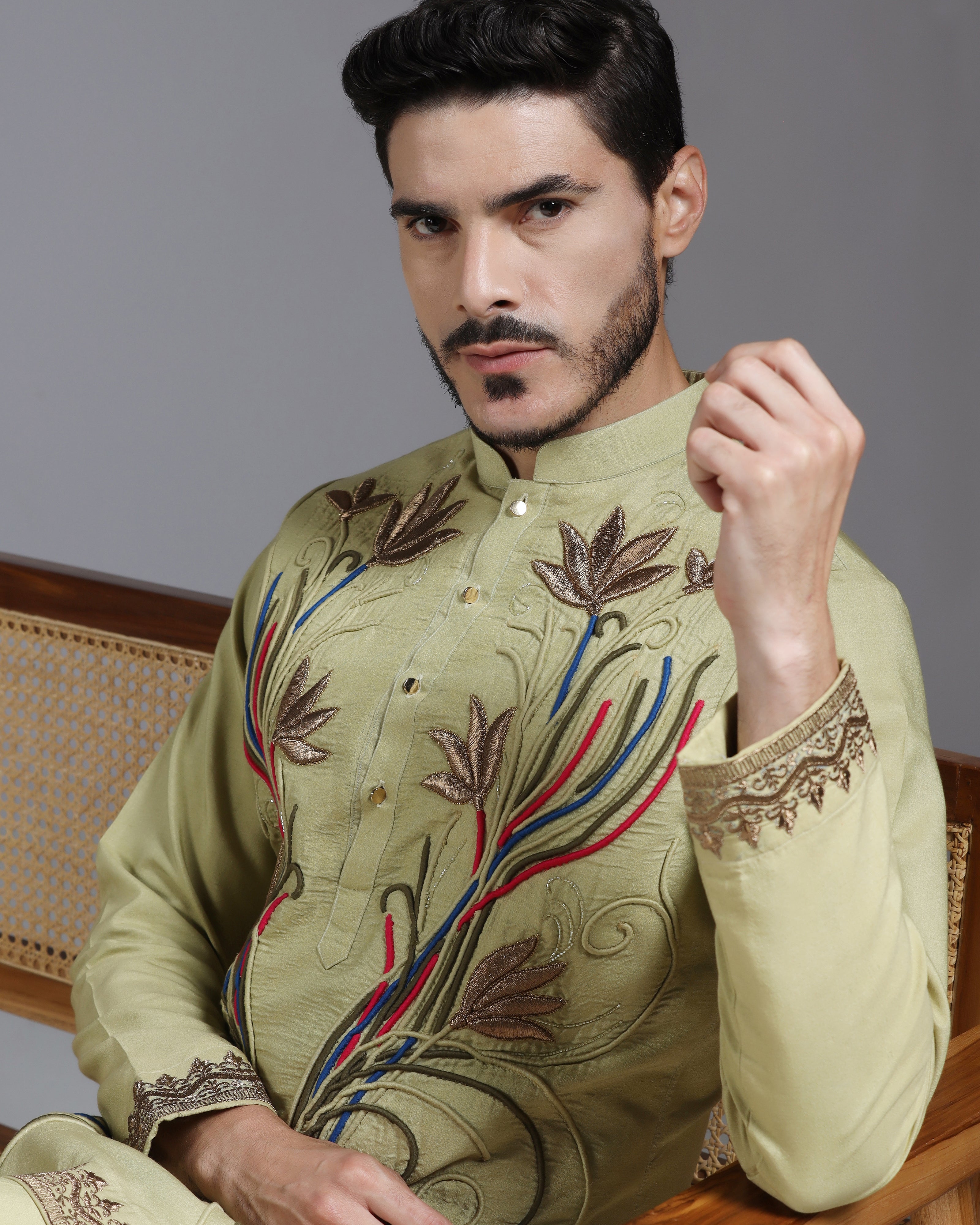 Olive Kurta Set with Multicolour Hand Embroidery