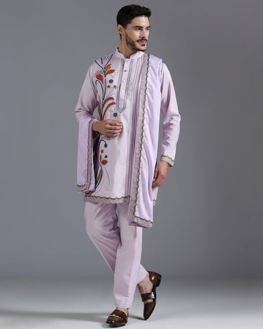 Lilac Hand-Embroidered Kurta Set with Dupatta