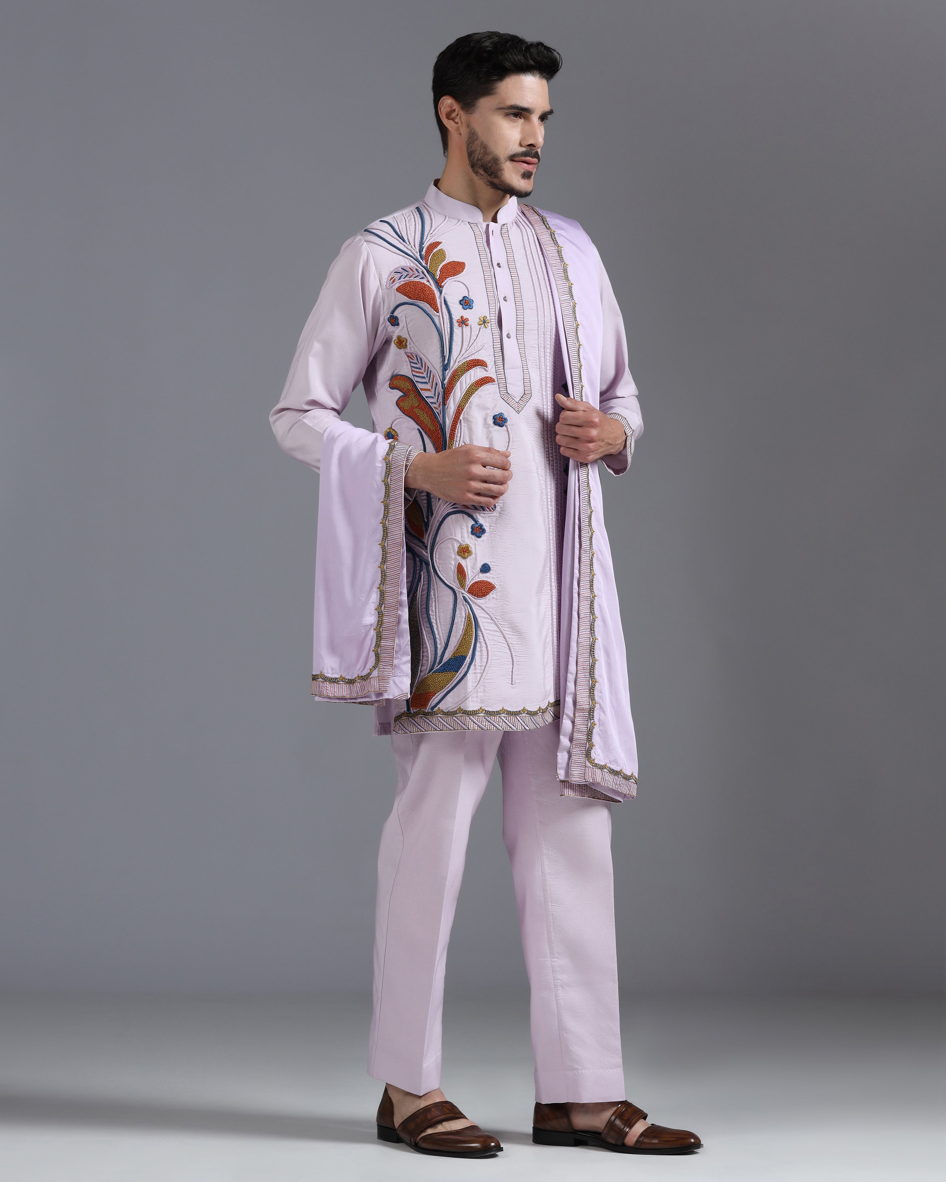 Lilac Hand-Embroidered Kurta Set with Dupatta